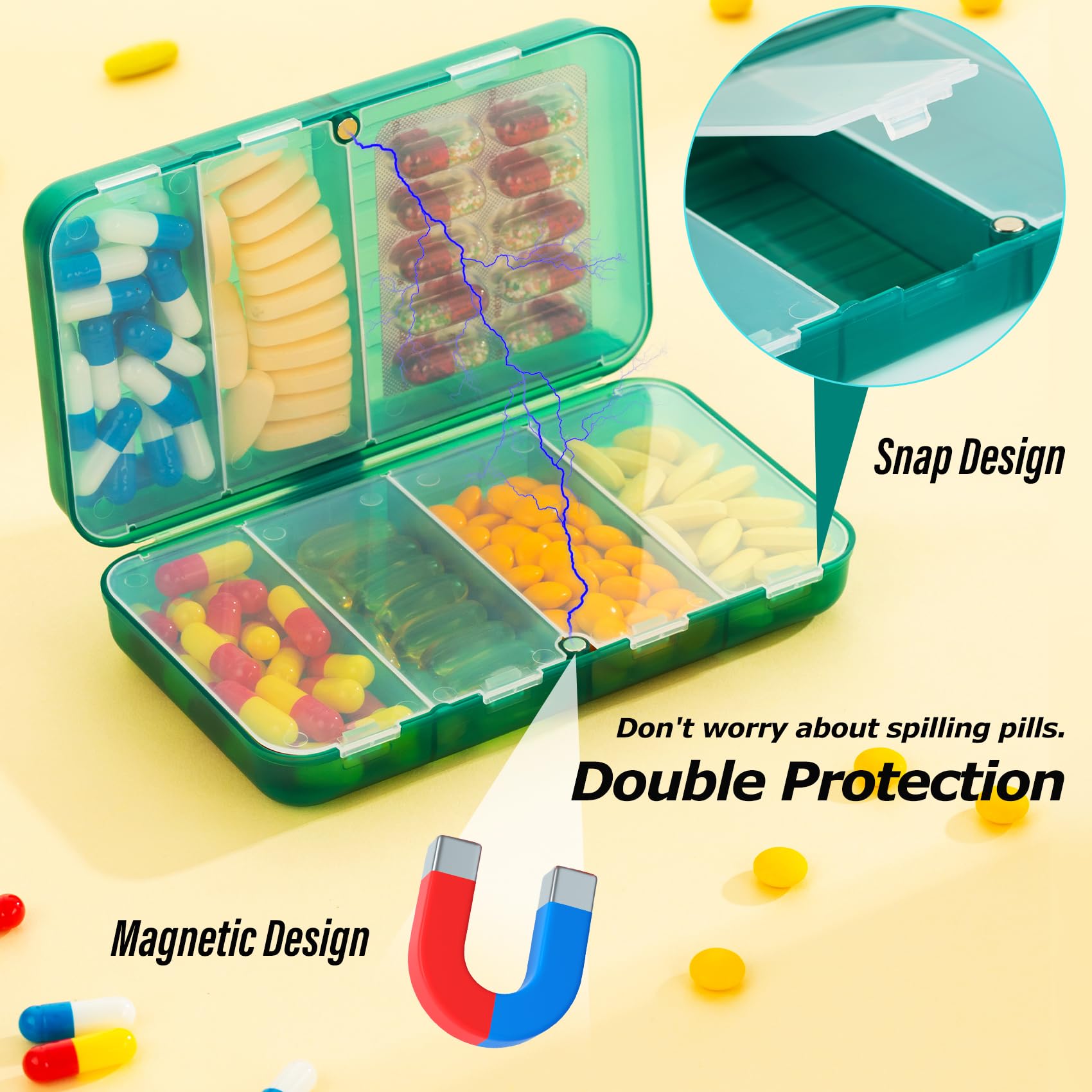 Yaklim Magnetic Travel Pill Organizer - 7 Compartment Portable Pill Box with Labels, Large Vitamin & Medicine Case, Grey Supplement Organizer | Perfect for Daily Medication, Travel, and On-the-Go Use