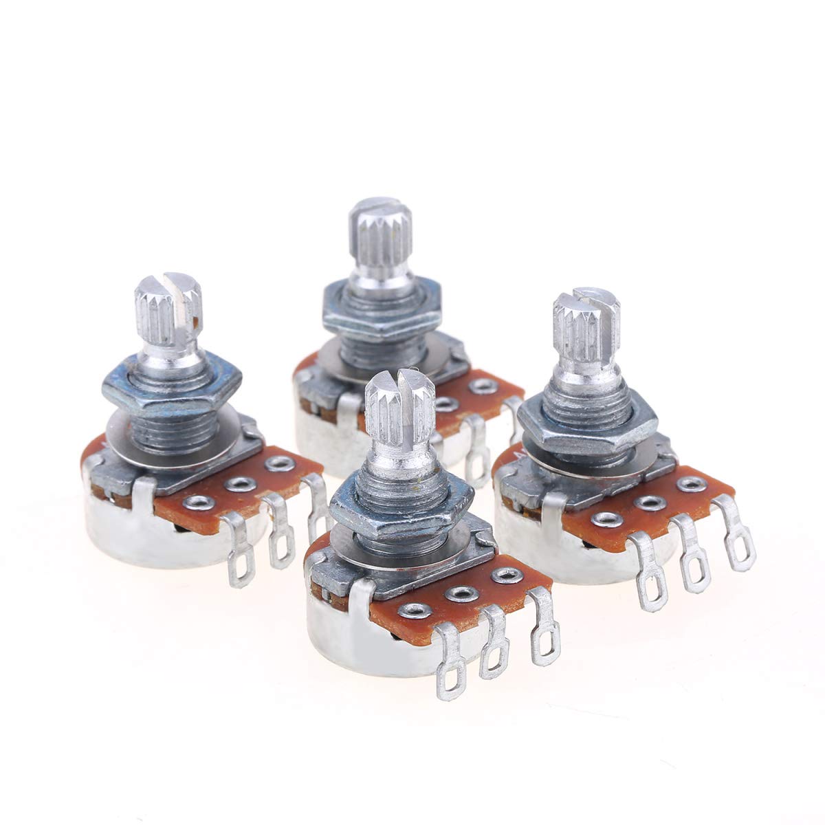 Alpha Mini Metric Split Shaft Control Pots - A500K Audio Taper Potentiometer Set of 4 for Guitar & Bass Electronics - Perfect for Volume/Tone Control Mods & DIY Guitar Repair
