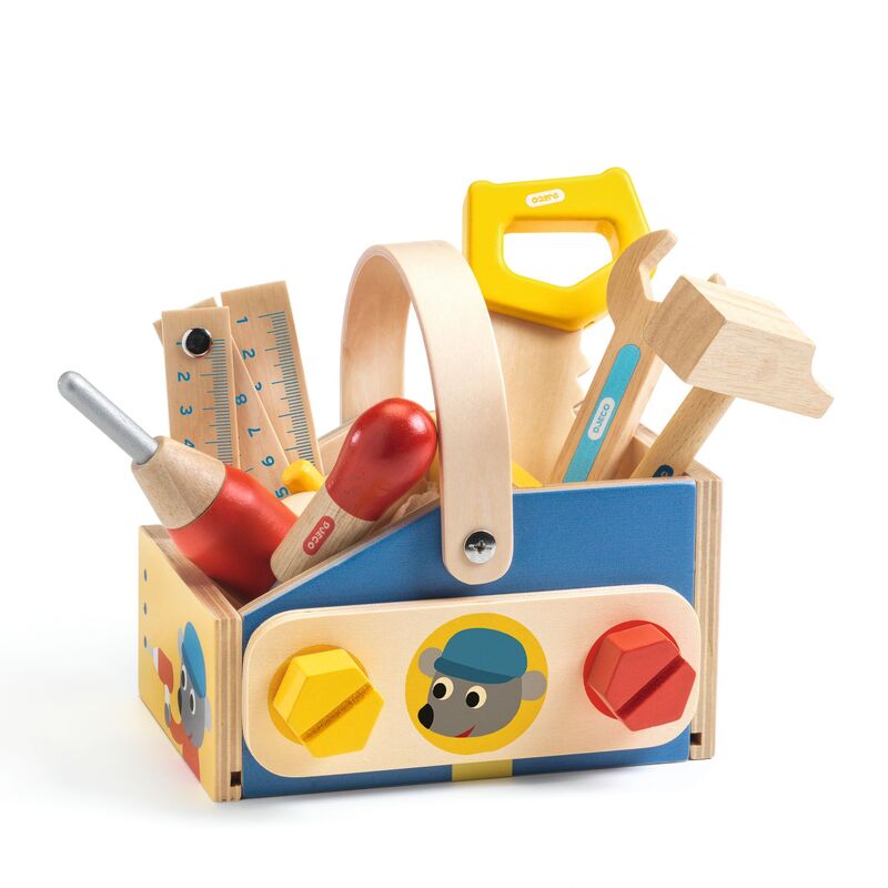 Djeco Wooden Minibrico Toolbox Set - Kids Pretend Play Tool Kit for DIY & Construction Role Play - Perfect for Preschool Learning & Birthday Gifts