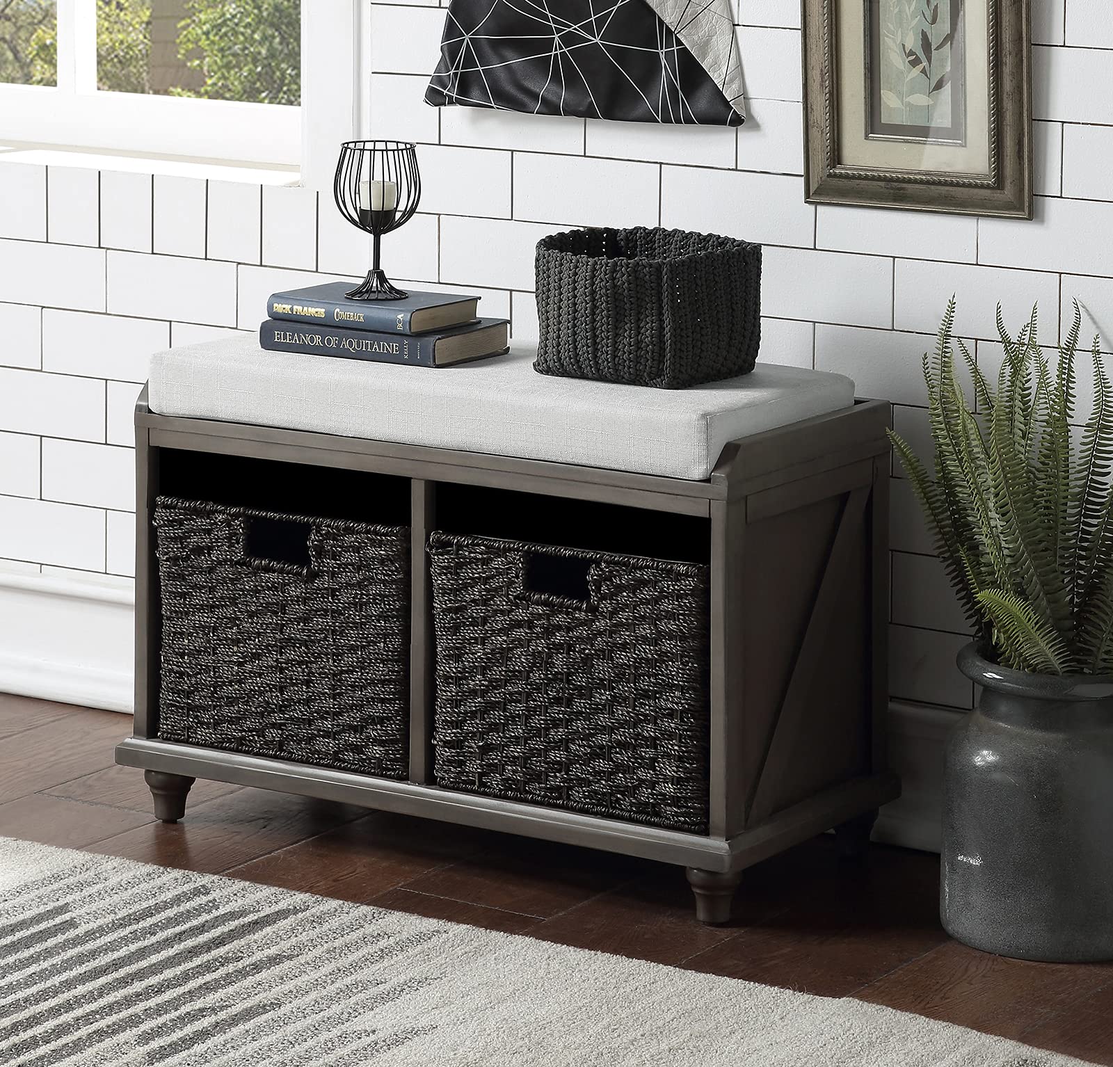 Farmhouse Shoe Storage Bench with 2 Rattan Baskets & Removable Cushion - Entryway Bench for Mudroom, Living Room, Hallway - No Assembly Required Wooden Organizer for Shoes, Hats & Home Decor