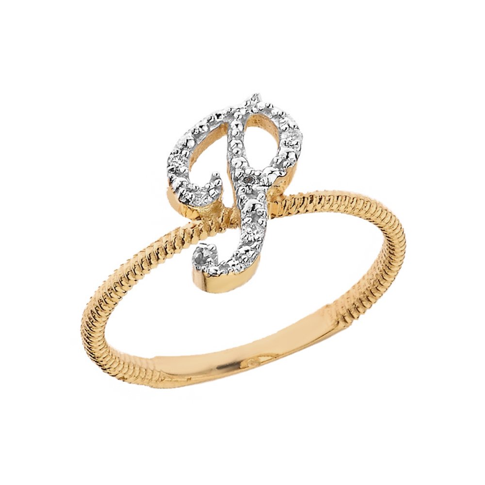 10K Yellow Gold Diamond Initial Letter P Ring for Women - Modern Stackable Rope Design Jewelry - Perfect for Everyday Wear, Gift Giving & Special Occasions