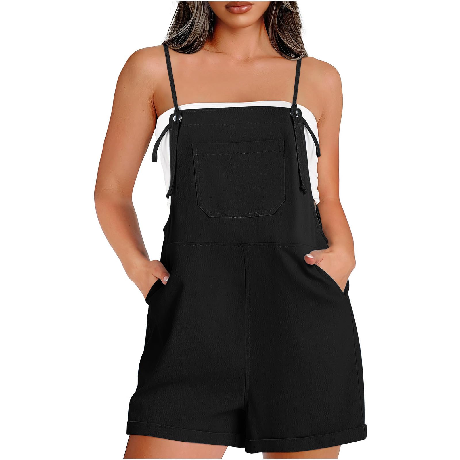Zcgoxvn Women's Romper Jumpsuit - Spaghetti Strap Overalls with Pockets | Summer Casual One Piece Playsuit | Beachwear, Vacation Outfit & Outdoor Activities