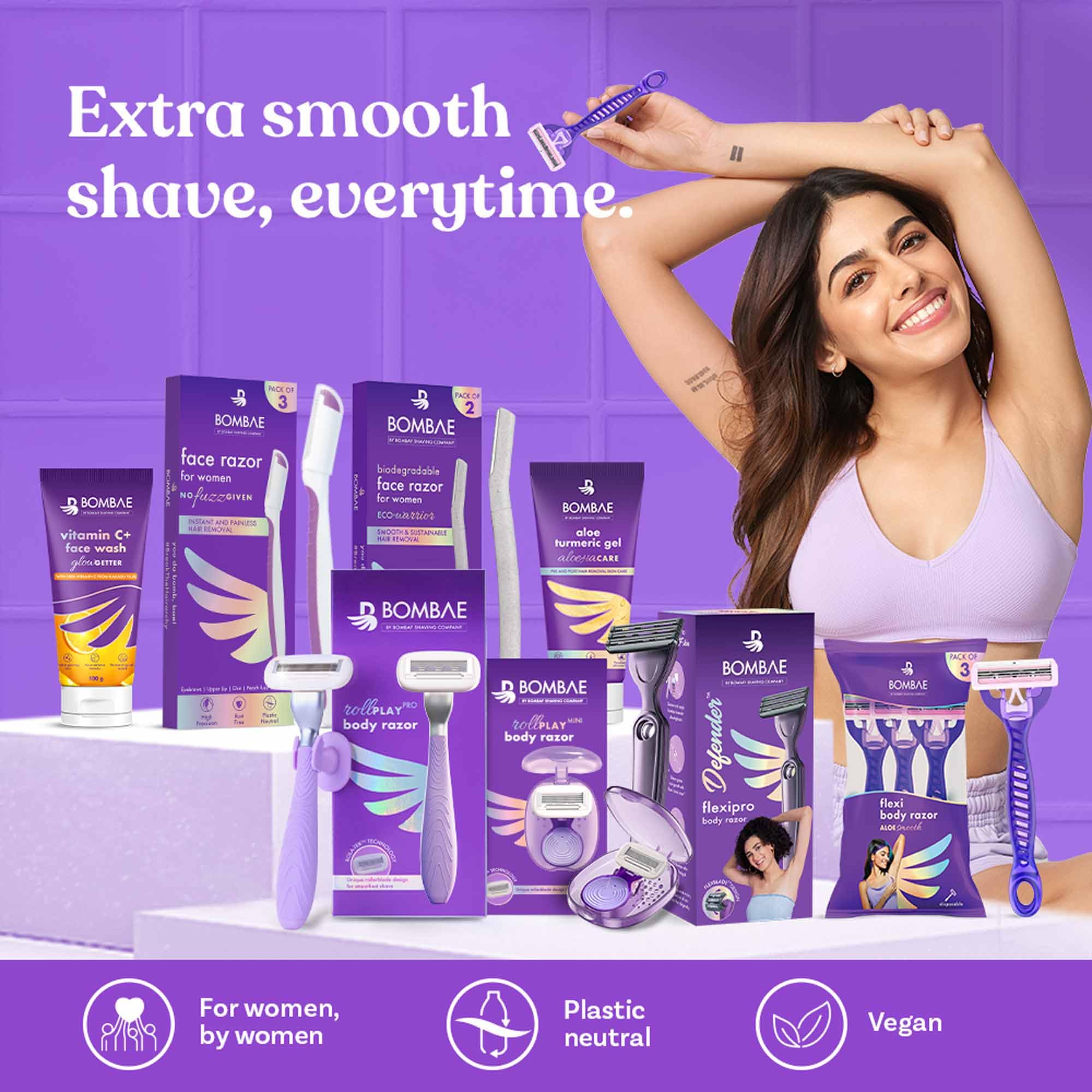 Bombae Women's Disposable Flexi Body Razors - 3 Pack | Aloe Vera & Vitamin E Hair Remover for Smooth Shaving | Perfect for Arms, Underarms, Bikini Line & Legs | At-Home & Travel Grooming Essential