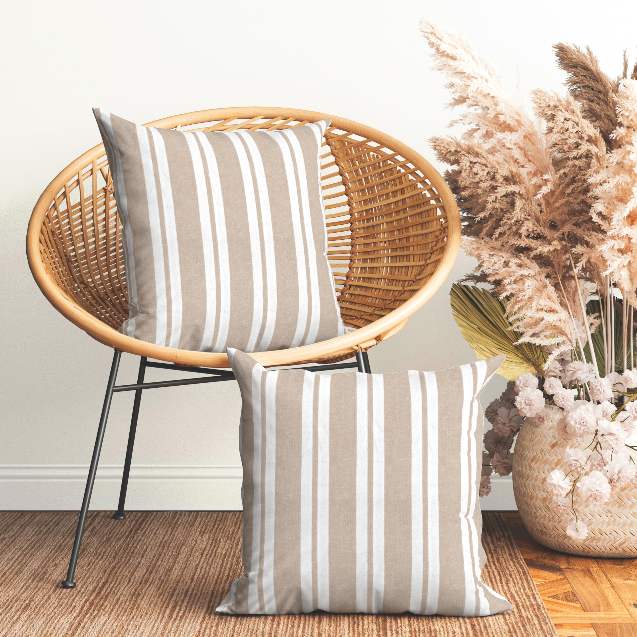 Encasa XO Farmhouse Throw Pillow Covers Set of 2 - 18x18 Inch Franca Beige Stripes & Plaid | Decorative Cushion Covers No Inserts | Living Room, Couch, Bedroom & Home Decor Accent Pillows