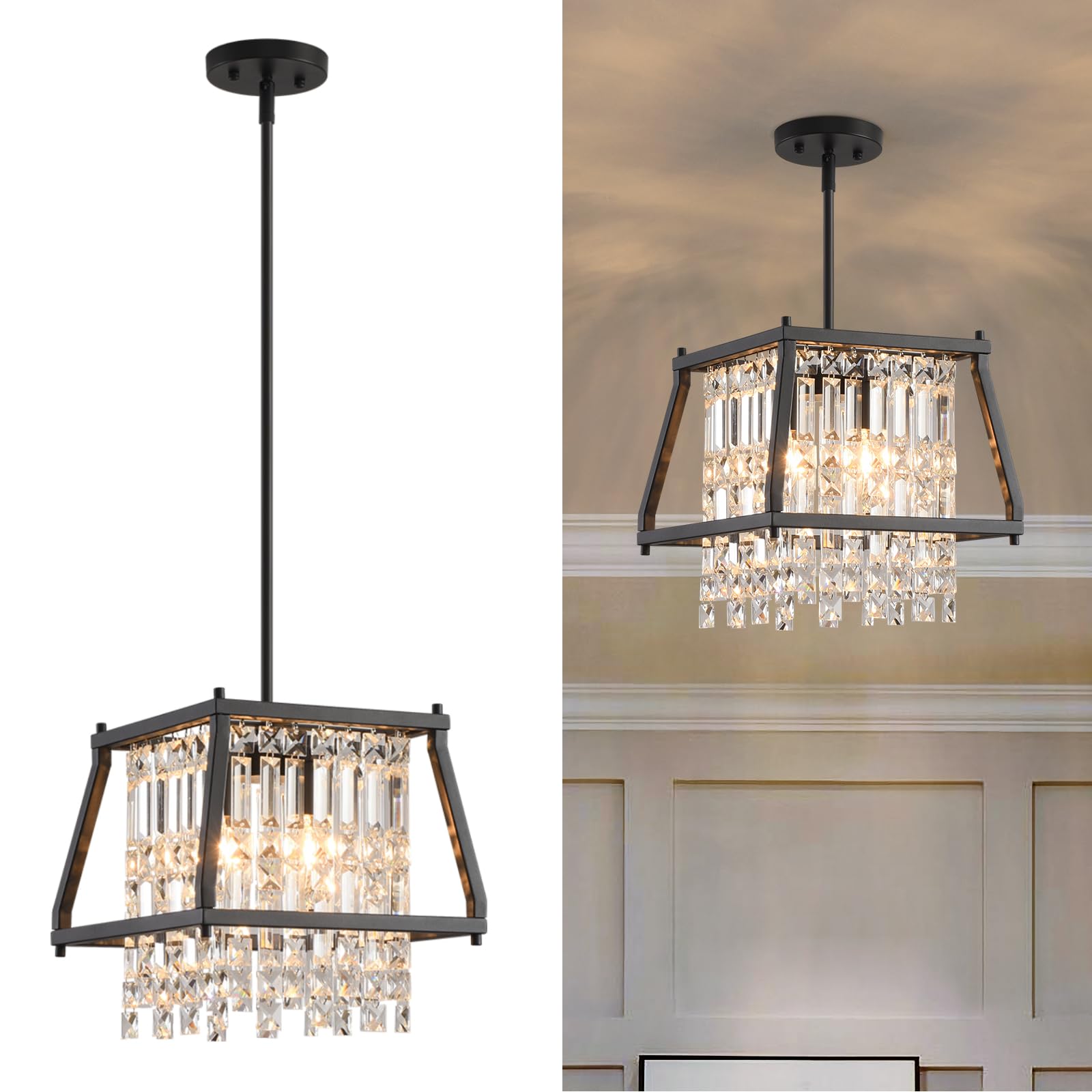 LMQNINE Farmhouse Chandelier - 11.81 Inch Black Metal Crystal Pendant Light for Kitchen Island, Dining Room, Living Room - Flat & Inclined Ceiling (Trapezoid Design) - Perfect for Rustic, Modern & Farmhouse Decor