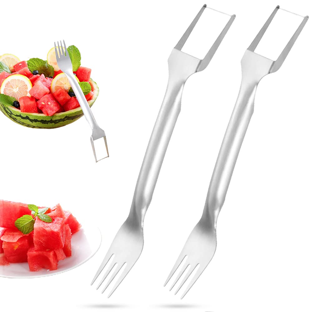 2-in-1 Watermelon Fork Slicer - Stainless Steel Dual Head Fruit & Vegetable Cutter Tool for Watermelons, Melons, Pineapples - Perfect for Family BBQs, Picnics, Camping & Outdoor Parties (2-Pack)