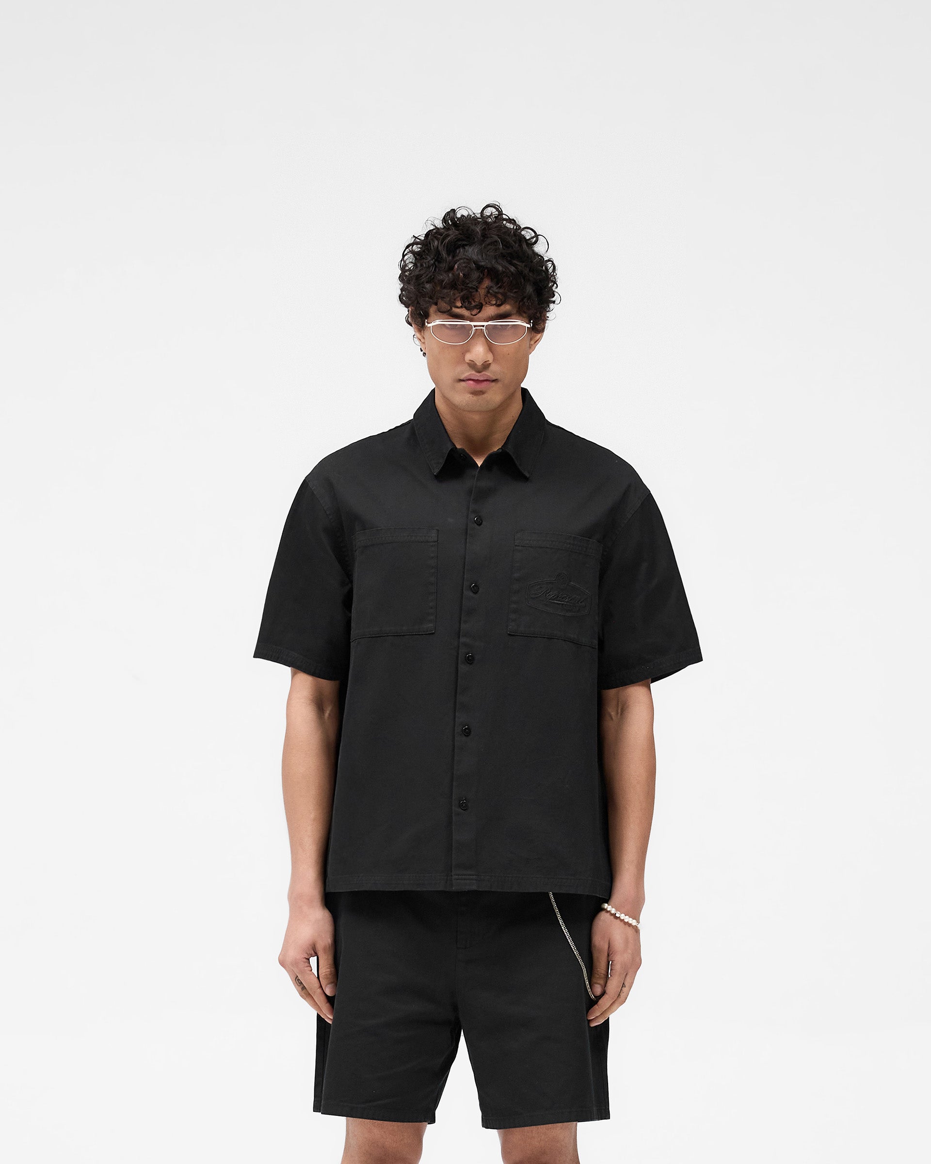 Men's Short Sleeve Cotton Overshirt - Washed Black Casual Shirt for Summer Outdoor Activities and Streetwear Fashion