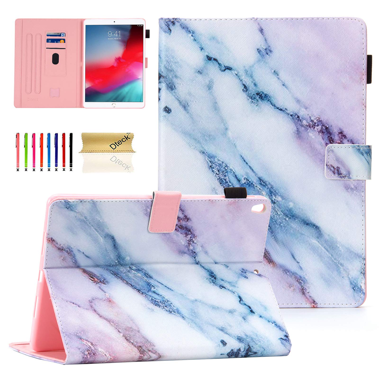 Dteck Protective Smart Folio Case for Apple iPad Pro 2017 & iPad Air 3rd Gen 10.5 Inch - Auto Sleep/Wake, Card Slots, Adjustable Stand - Pink Marble Design - Perfect for Work, Travel & Home Use