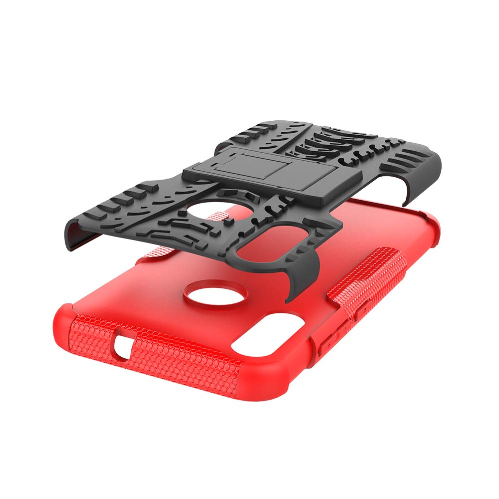 Motorola Moto E6 Plus Phone Case with Tempered Glass Screen Protector - Rugged Hybrid Protective Cover with Kickstand for Men & Women (Black/Red) - Perfect for Work, Travel, and Everyday Protection