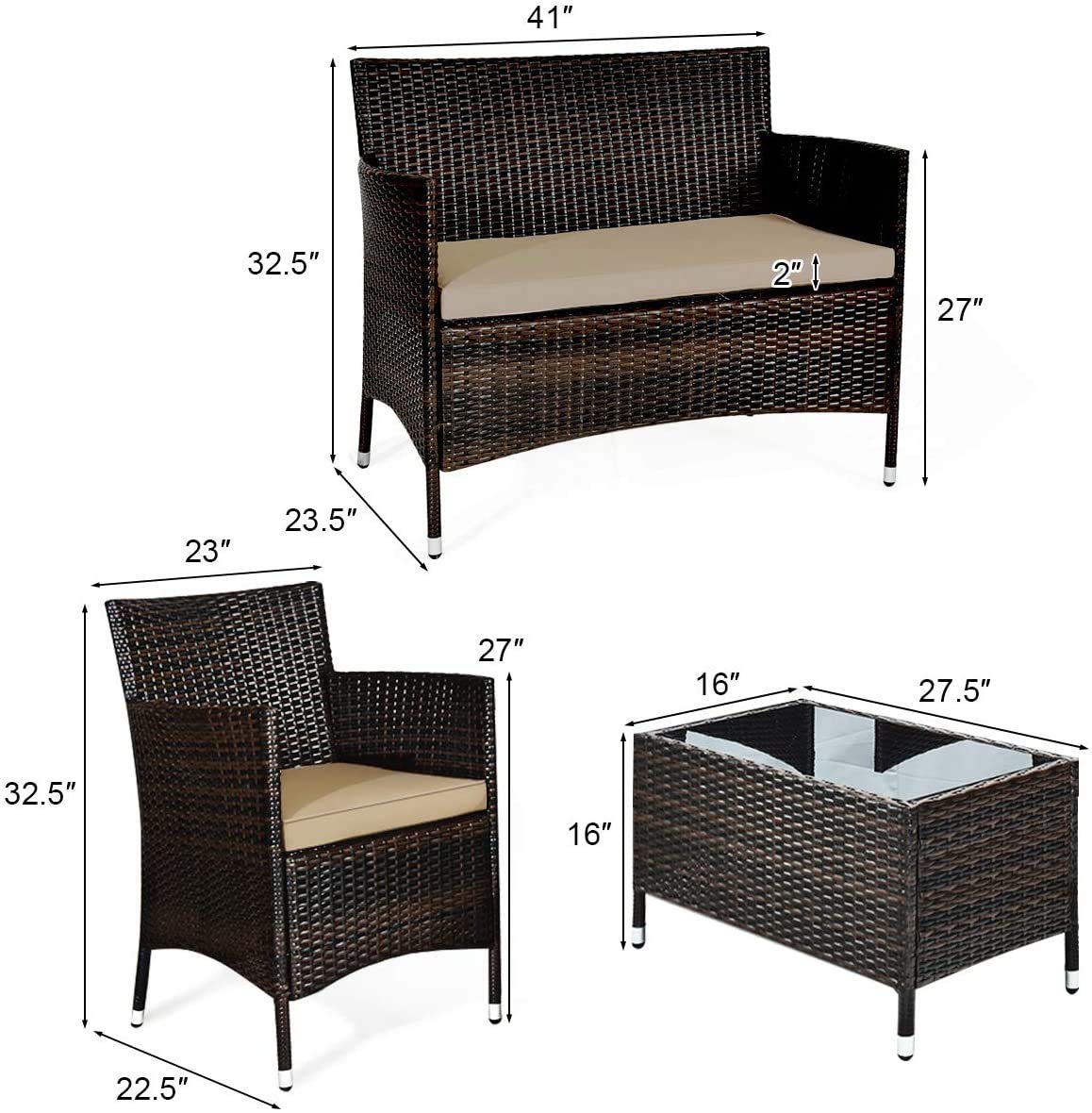 GLACER 4-Piece All-Weather Wicker Patio Furniture Set - Outdoor Rattan Sofa Sectional with Thick Cushions & Glass Coffee Table - Brown Garden Conversation Set for Backyard, Lawn, Poolside & Patio Relaxation