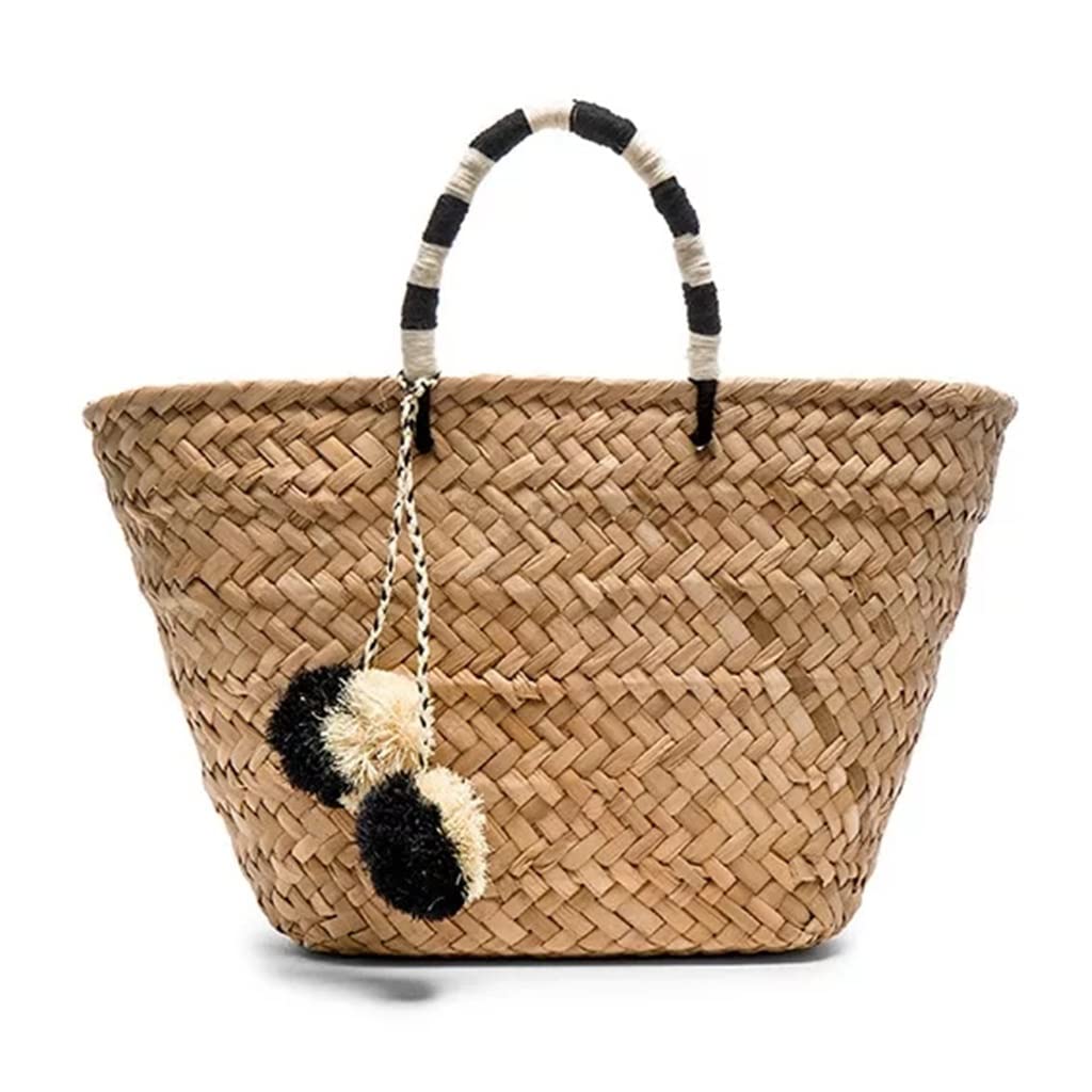 Stylish Large Woven Rattan Handbag for Women - Handmade Summer Beach Straw Tote Bag in Black | Perfect for Beach Outings, Picnics, and Casual Shopping Trips