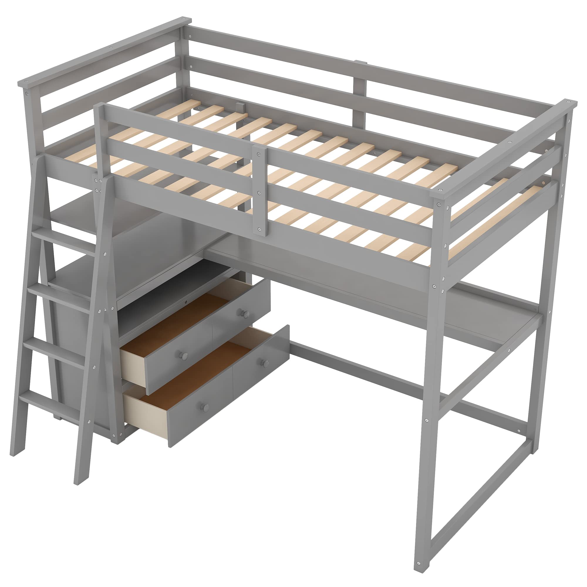 **SOFTSEA Twin Size Loft Bed with Built-in Desk & Drawers - Solid Wood High Loft Bed with Storage Shelves - Multifunctional Space-Saving Bed for Kids, Teens, Boys & Girls - Grey - Perfect for Small Bedrooms, Dorms & Apartments**