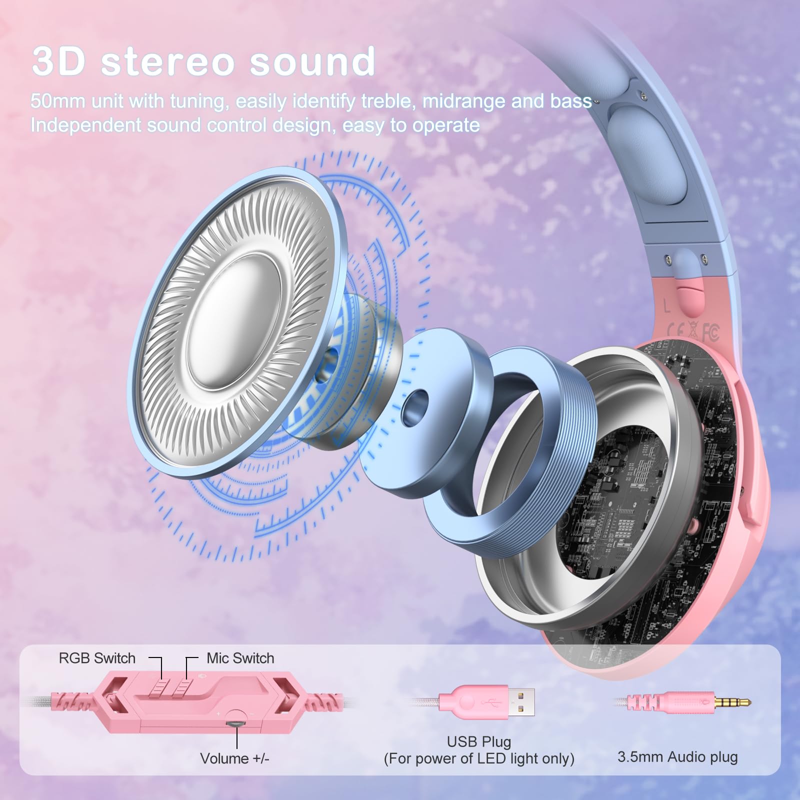 PHNIXGAM RGB Gaming Headset with Retractable Mic - Cat Ear Headphones for PS5, PS4, Xbox One (No Adapter), PC & Mobile - 7.1 Surround Sound, Gradient Pink Blue - Perfect for Gaming, Streaming & Online Classes