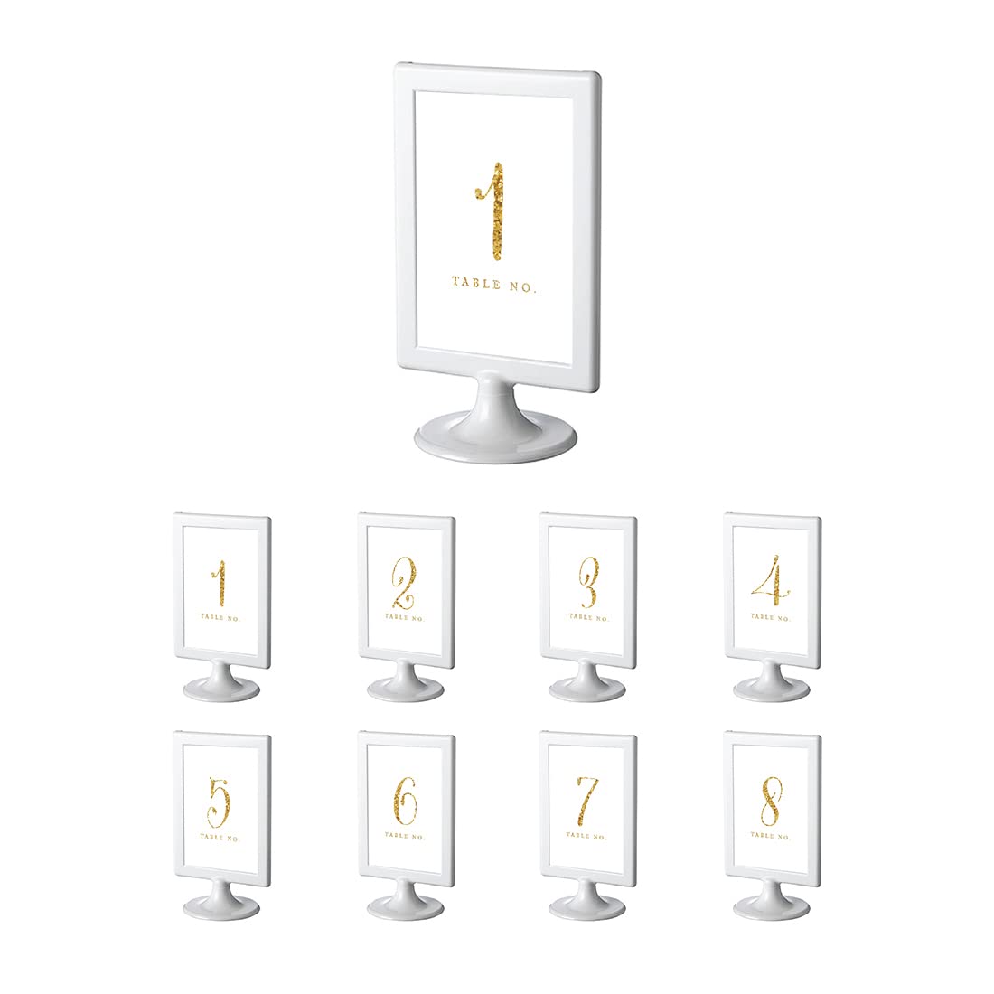 Andaz Press Framed Table Numbers 1-8 - Gold Glitter Print 4x6 Inch Double Sided Cardstock Signs - White Wedding Table Numbers with Frame - Perfect for Wedding Receptions, Anniversary Parties & Special Events