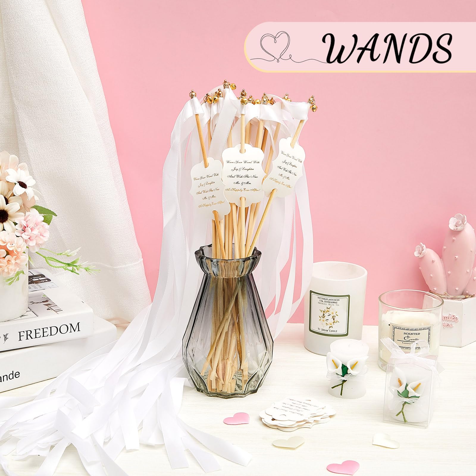 Janinka 100 Sets White Wedding Ribbon Wands with Bells - Elegant Wedding Send Off Sticks, Party Favors & Celebration Decorations - Perfect for Wedding Exits, Bridal Showers, Anniversary Parties & Baby Showers