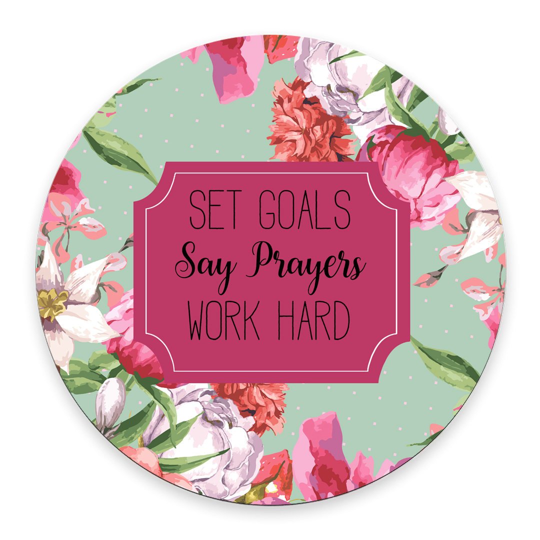 Inspirational Floral Mouse Pad with Motivational Quote - Set Goals Say Prayers Work Hard - Premium Neoprene Round Desk Mat for Office, Home, Gaming & Workstation