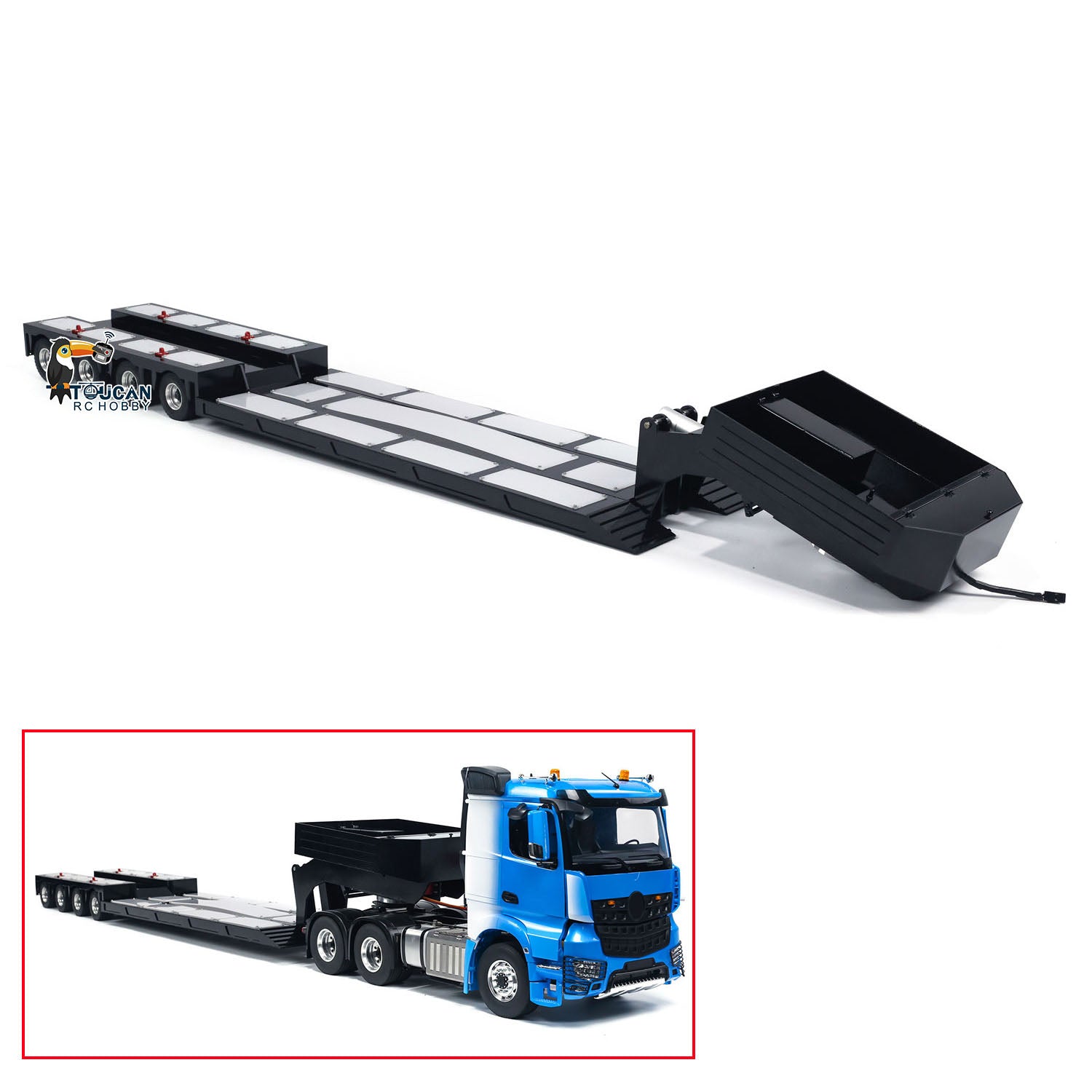 1/14 Scale RC Tractor Truck Metal Extendable 4 Axle Semi Trailer with LED Rear Lights - DIY Hobby Model for Radio Control Cars | Perfect for RC Truck Shows & Off-Road Simulation