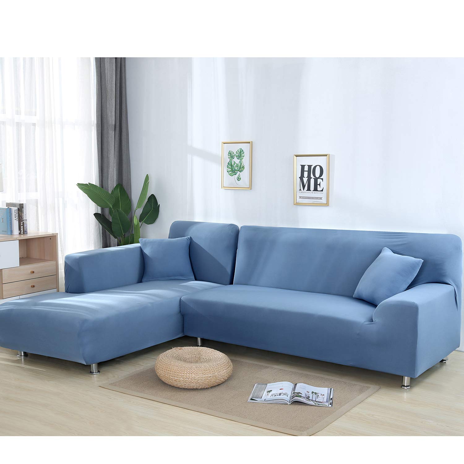 MIFXIN L-Shaped Sectional Sofa Covers 2-Piece Set - Stretchable Polyester Slipcover with 2 Pillow Covers - Furniture Protector for 3-Seater L-Shaped Couches (Light Blue) - Perfect for Living Room, Family Room & Home Theater Seating Protection
