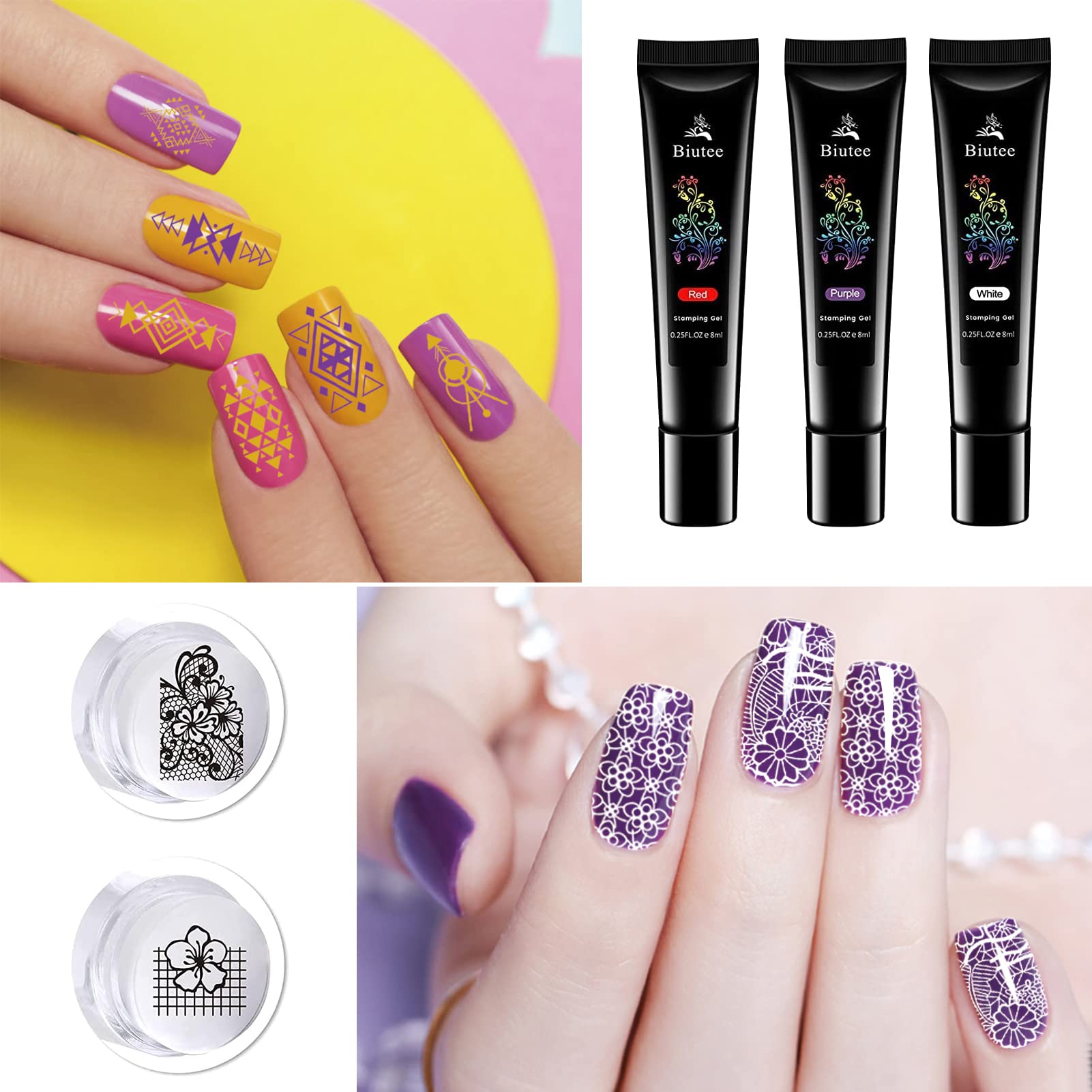 8 Colors UV Nail Stamping Gel Polish Set - Red Black White Purple Blue Silver Soak Off Printed Polish for Nail Stamp Plate & Stamper | DIY Nail Art Design Kit for Salon, Home Manicure & Professional Nail Artists
