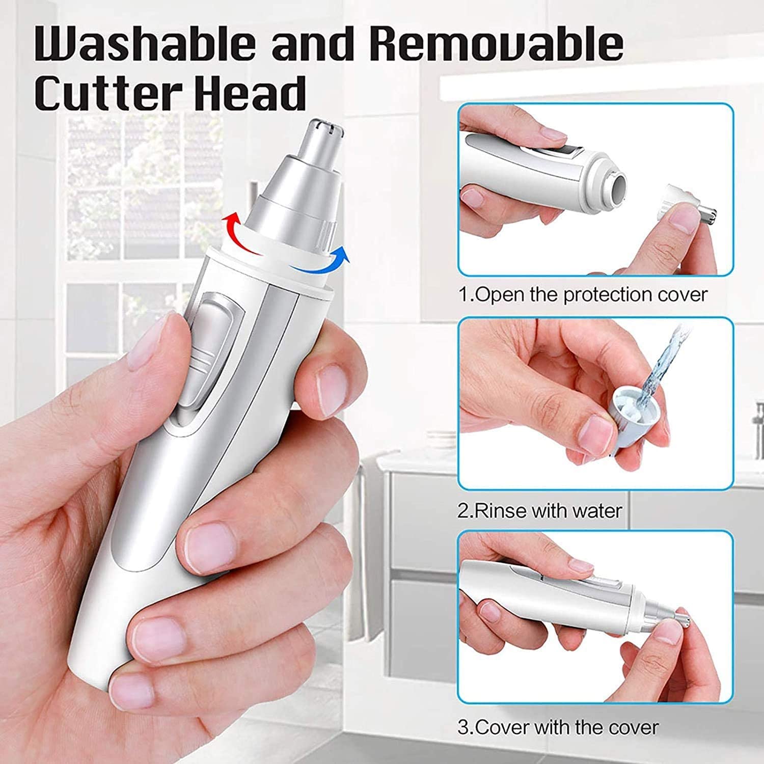 Professional Painless Ear & Nose Hair Trimmer for Men & Women - Battery Operated IPX7 Waterproof Eyebrow & Facial Grooming Kit with Dual Edge Blades - Perfect for Travel, Home Use & Personal Care Routine