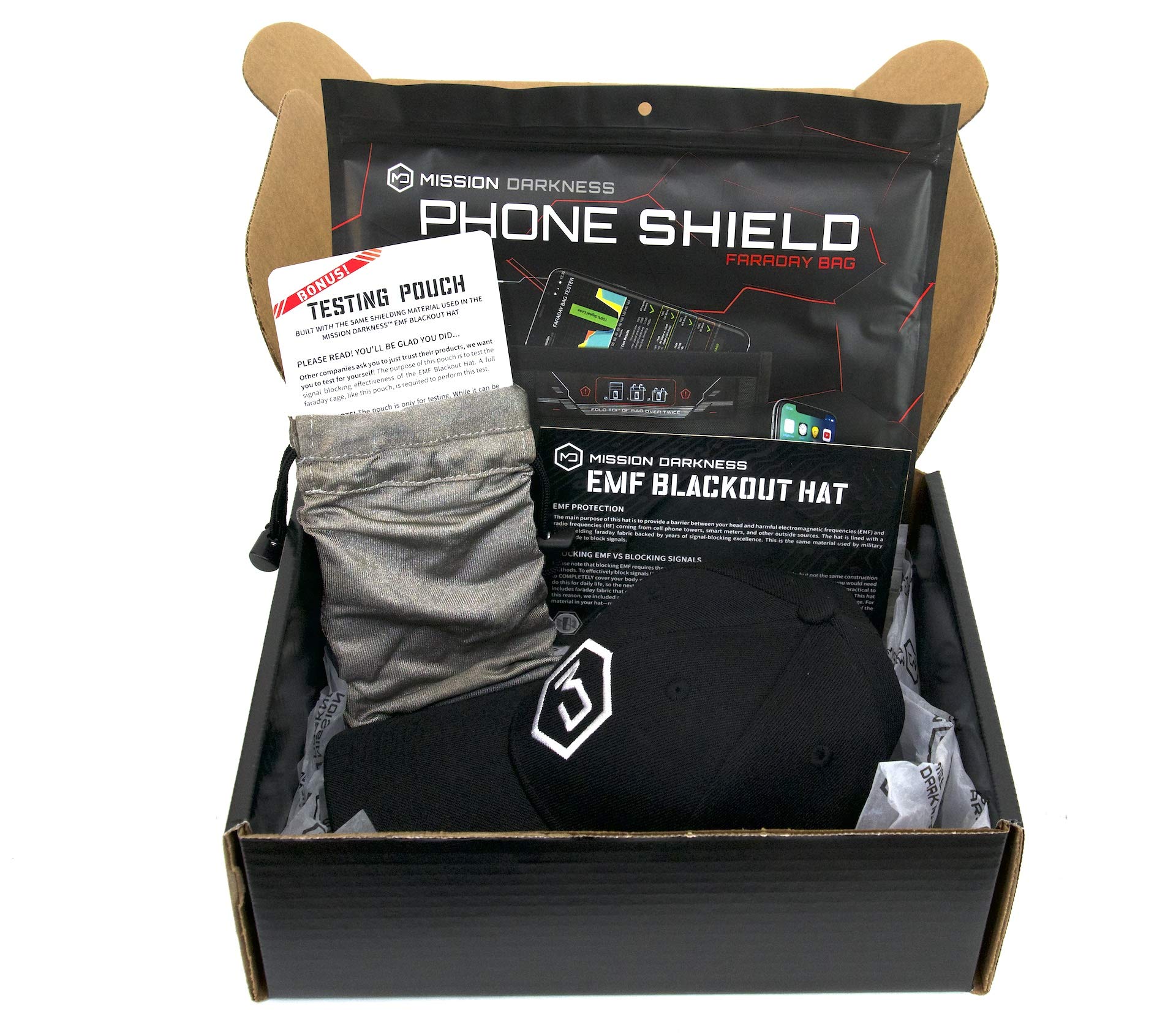 Mission Darkness Limited Edition Faraday Hat Bundle - EMF Blackout Hat & Phone Shield Faraday Bag - RF Shielding Protection for Travel, Privacy & Security - Unique Gift for Tech Enthusiasts