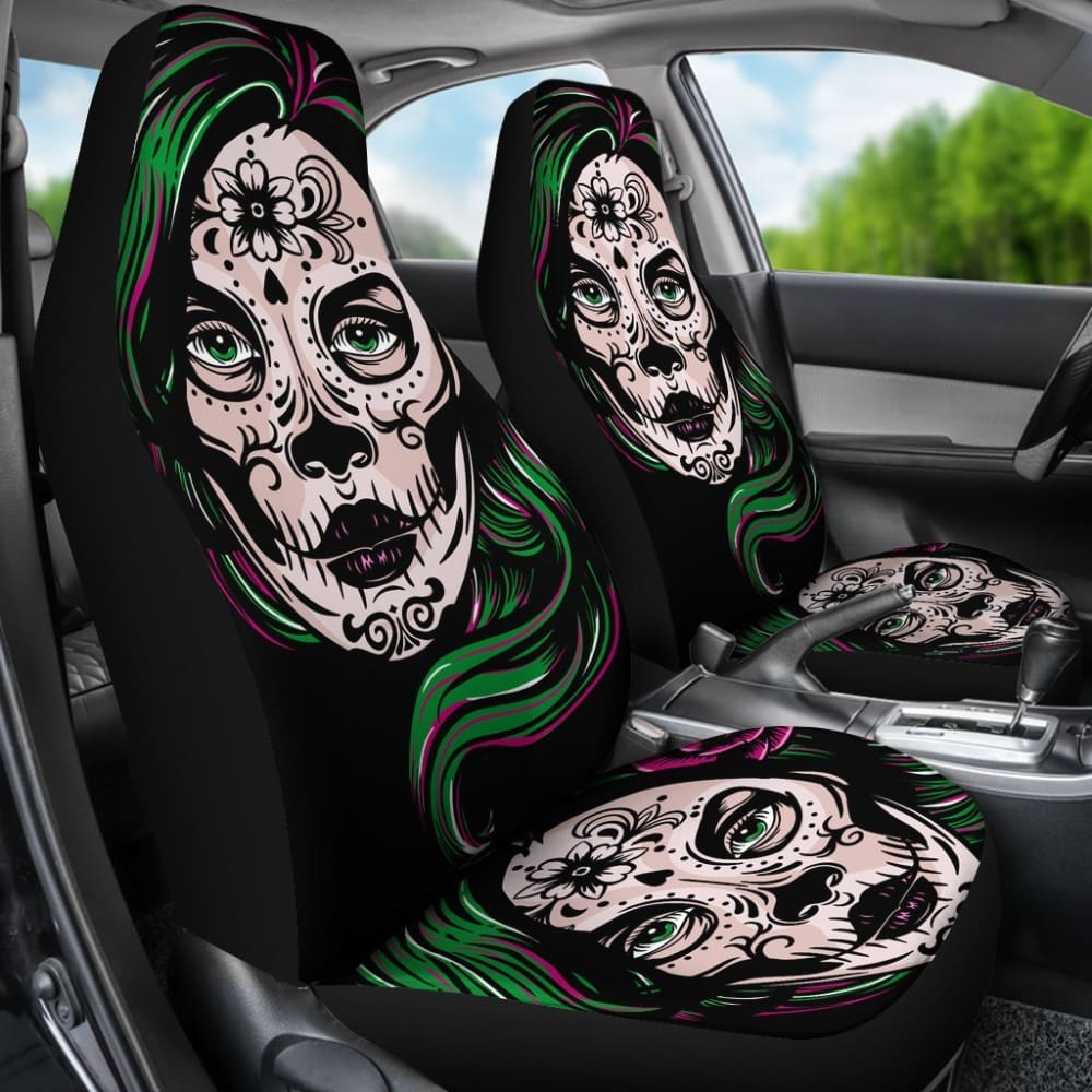 2 Pcs Sugar Skull Girl Car Seat Covers - Gothic Mexican Style Auto Accessories for Women, Halloween Decor & Dia de Los Muertos Celebration - Perfect for Sedan, SUV, Truck Seats
