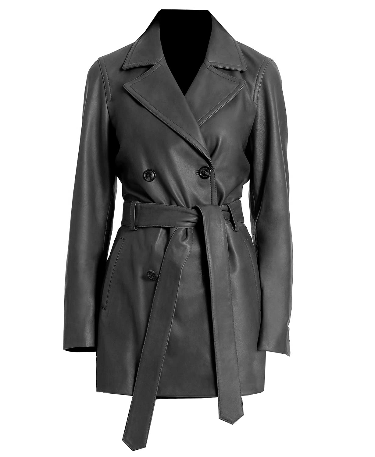 TIPTOP Women's Genuine Leather Double Breasted Trench Coat with Long Waist Belt - Black & Brown (TTCW-90058-L, Large) | Elegant Outerwear for Office, Dating & Special Occasions