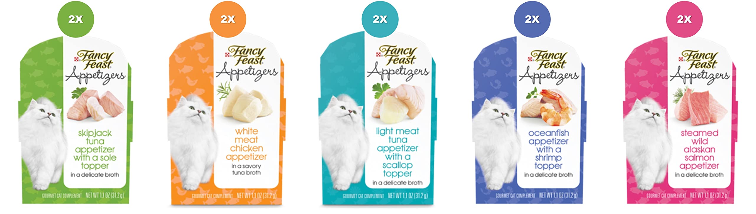 Fancy Feast Gourmet Cat Food Variety Pack - 10 Cans (2 Each: Salmon, Tuna, Chicken, Oceanfish & Skipjack Tuna) 1.1oz + Free Cat Toy Ball & Guidebook - Perfect for Mealtime Enrichment & Picky Eaters