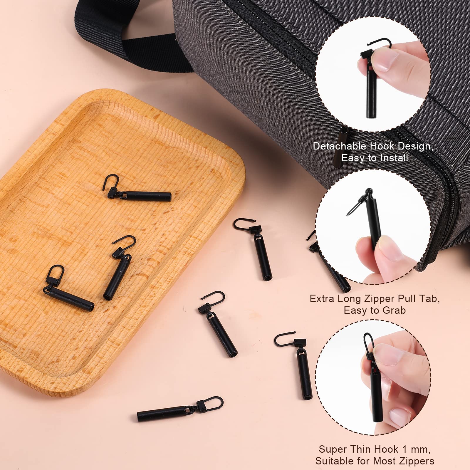 10pcs Black Metal Zipper Pull Replacement Kit - Long Cylindrical Detachable Zipper Pulls for Coats, Jackets, Backpacks, Pants, Jeans, Suitcases, Purses & Handbags | Durable Zipper Accessories for Outdoor Gear, Travel & Daily Use