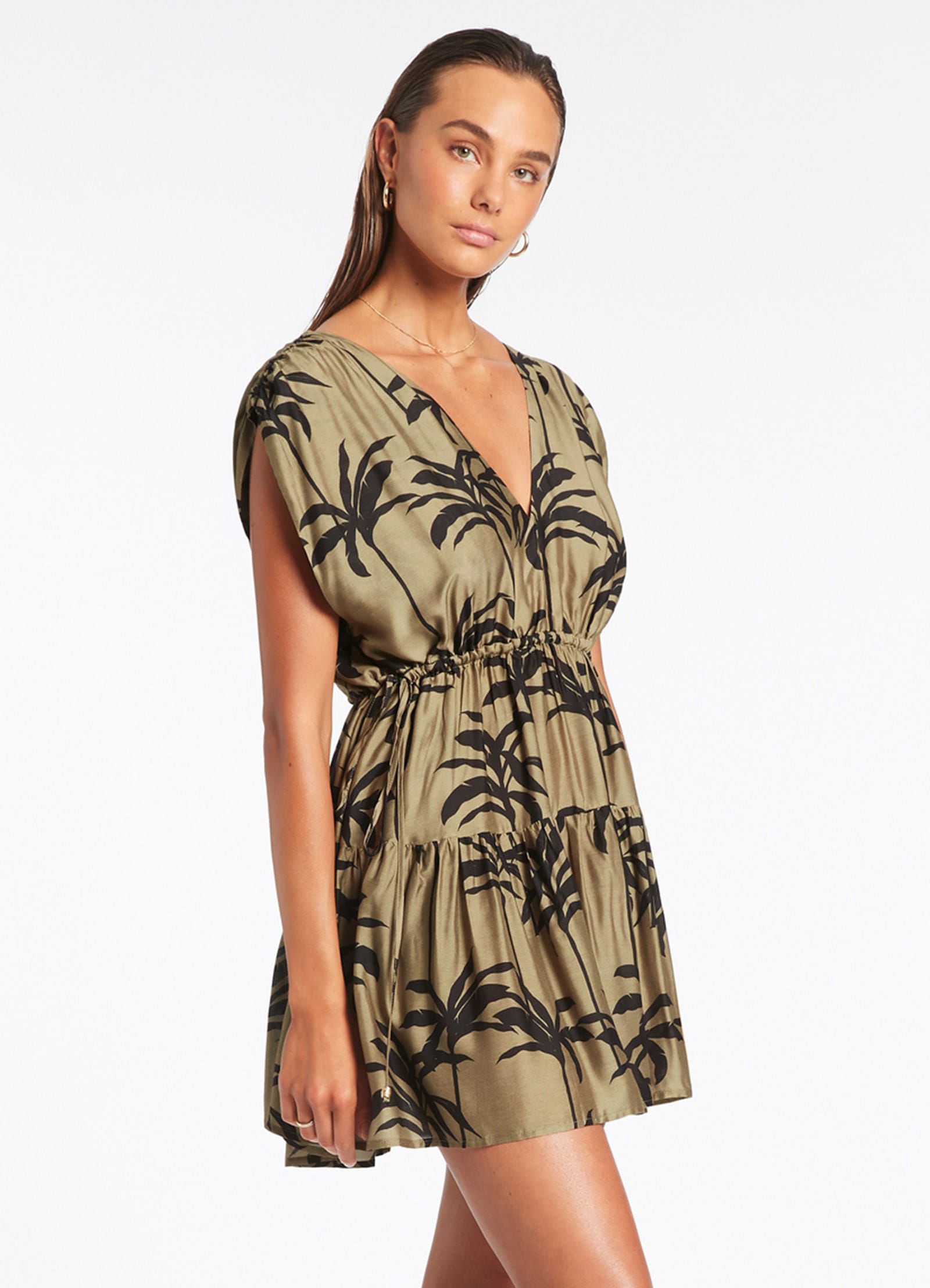 Palm Tree Print Tiered Cover Up Dress - Olive Green Beachwear for Women | Perfect for Poolside, Vacation & Summer Outfits