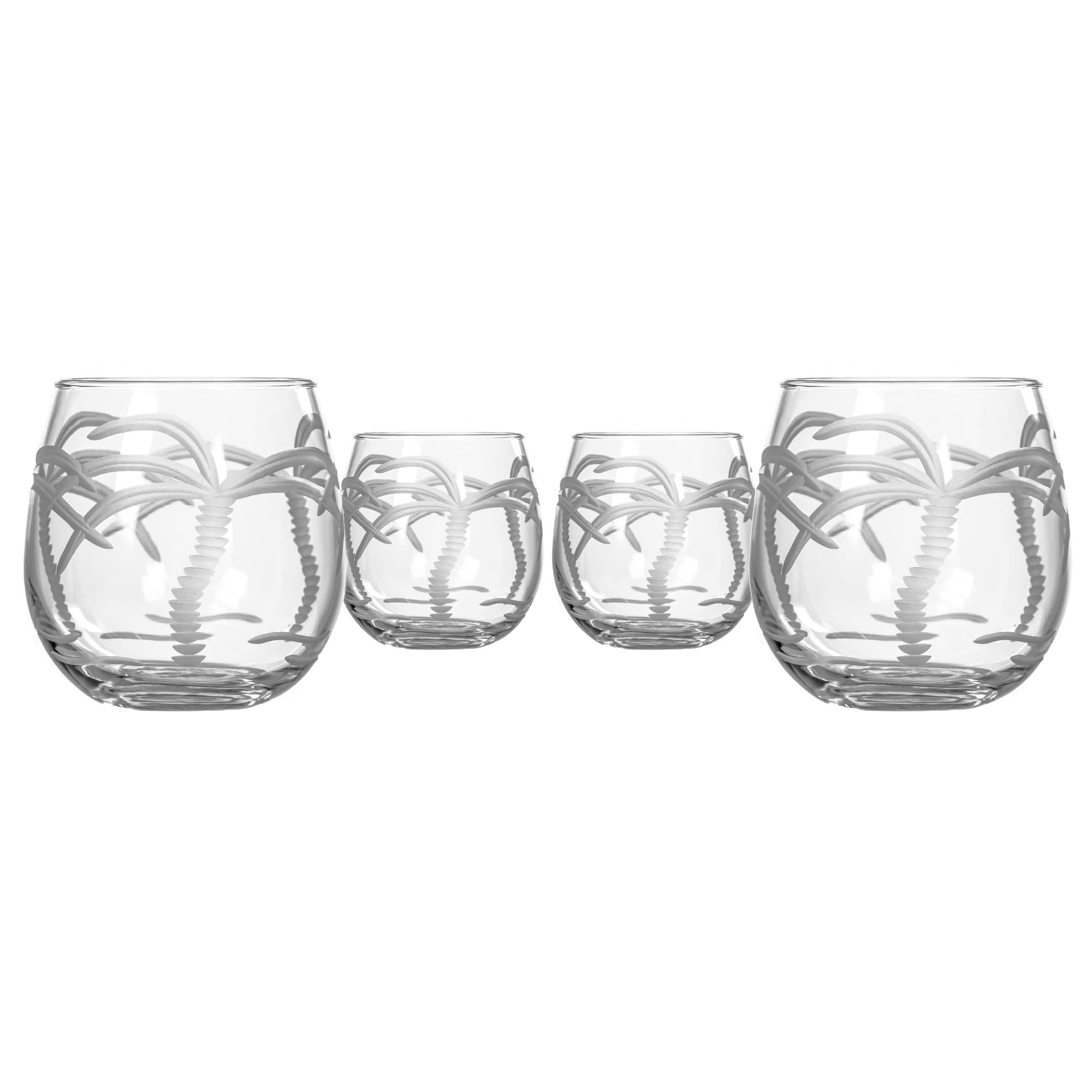 Premium Rolf Glass Palm Tree Stemless Wine Glasses Set of 4 - 16.75 oz Lead-Free Tumbler Glasses - Etched Design Made in USA - Perfect for Red Wine, Cocktails & Outdoor Entertaining