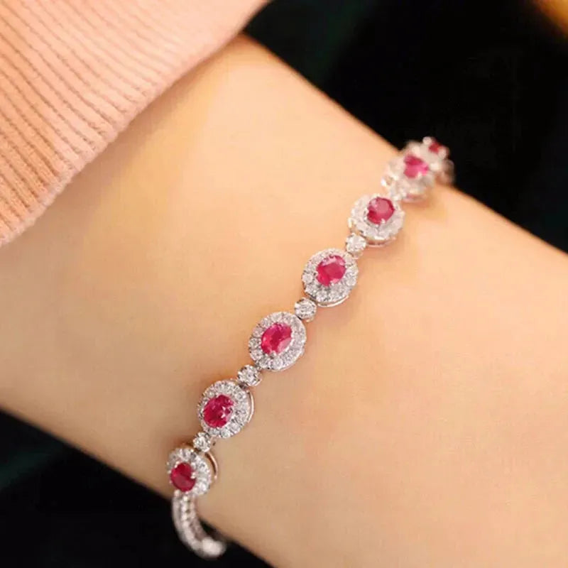 18K Solid White Gold Diamond & Natural Ruby Tennis Bracelet for Women | Elegant Jewelry Gift for Weddings, Parties & High-Class Banquets | Aazuo Fine Jewelry
