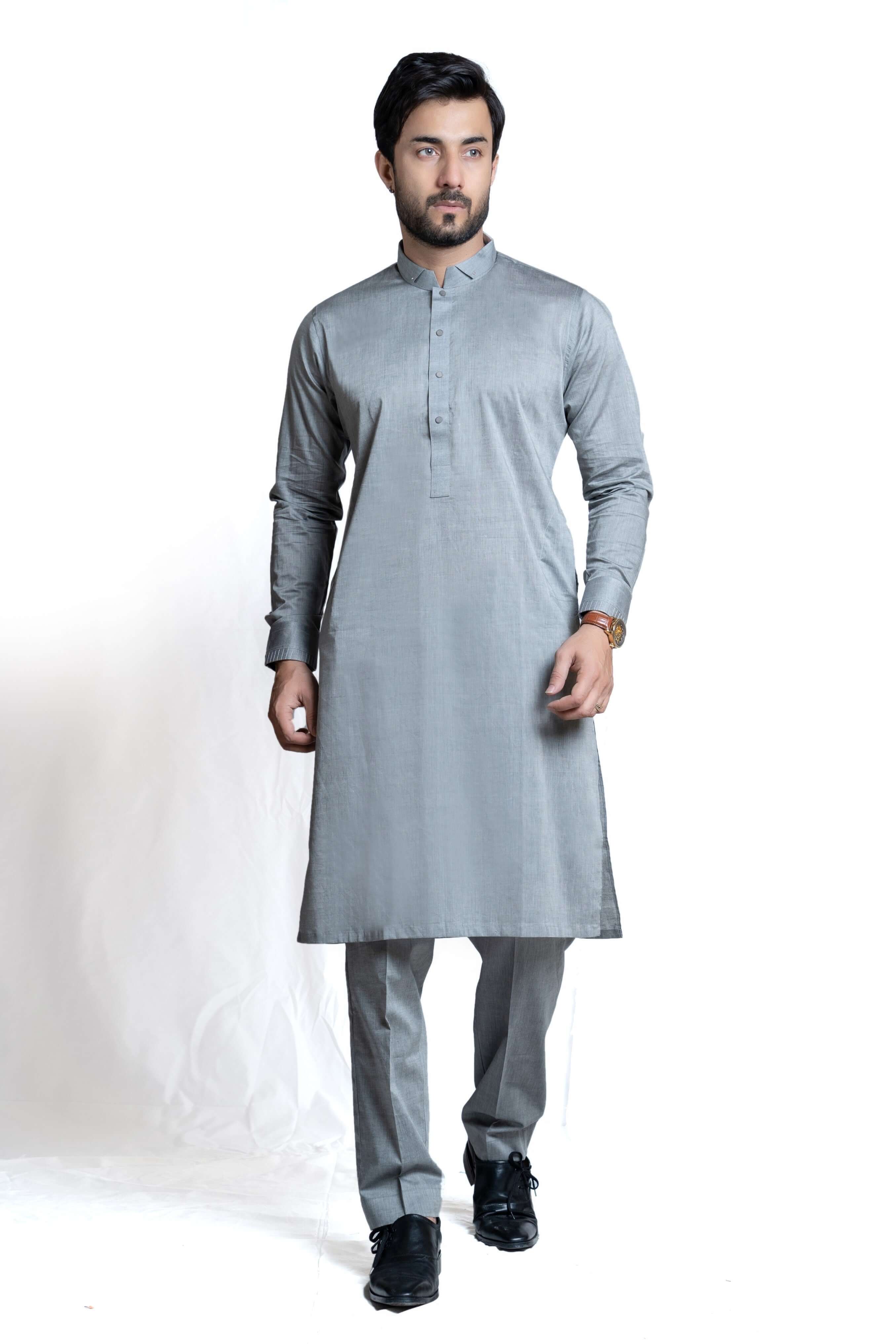 Premium Chambray Cotton Viscose Ash Grey Kurta & Pants Set for Men - Comfortable Ethnic Wear for Festivals, Weddings & Casual Outings