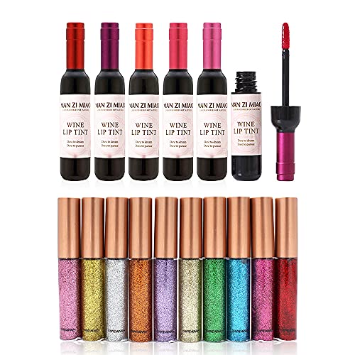 10 Colors Long-Lasting Waterproof Liquid Glitter Eyeliner & Matte Lip Tint Set - Sparkling Eye Shadow & Wine Lipstick for Party, Halloween, Cosplay, and Night Out Makeup Looks
