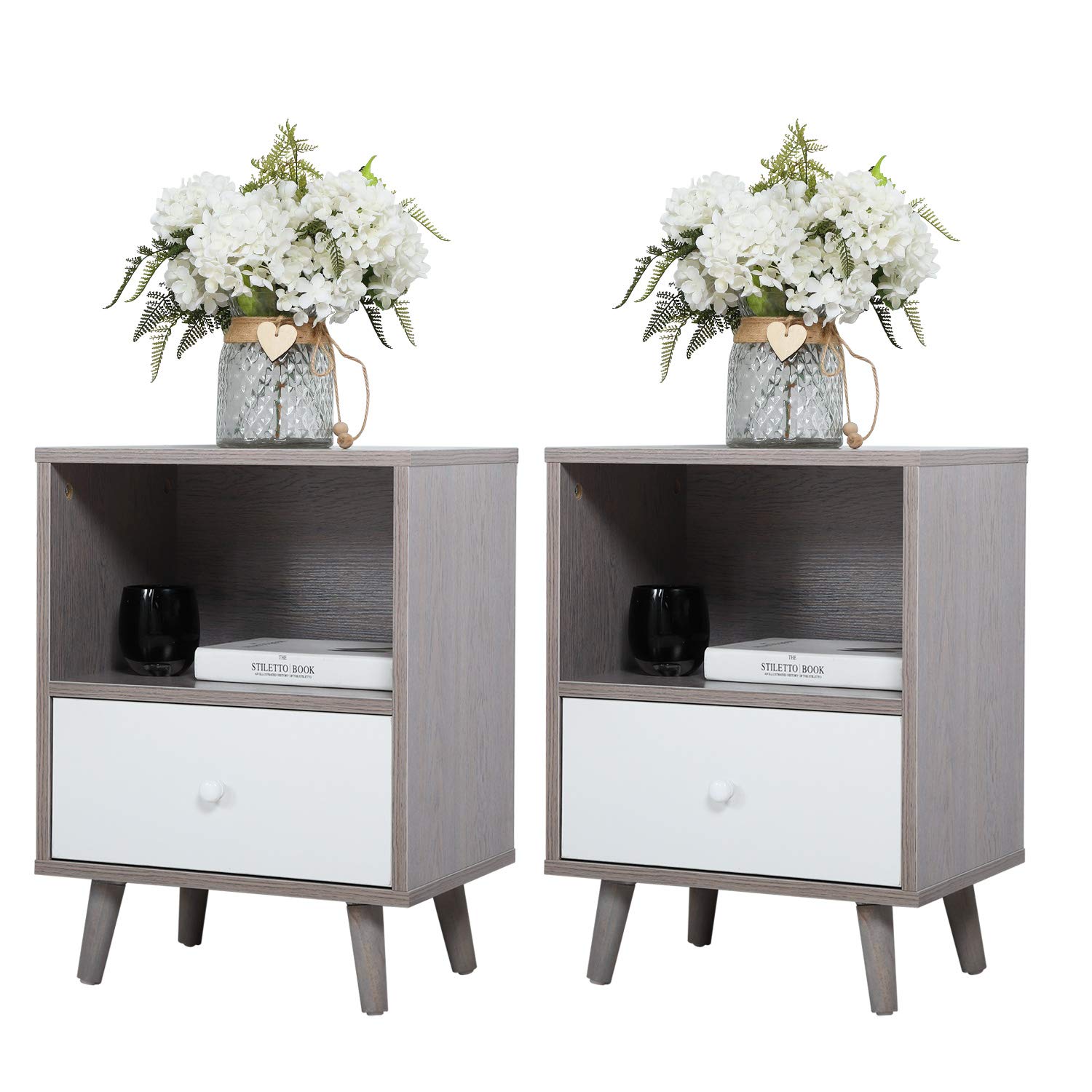 JAXPETY Nightstands Set of 2 - Modern Bedside Tables with Drawer & Open Shelf, Solid Wood Legs, End Table or Side Table for Bedroom (2-Pack, Grey) | Perfect for Small Spaces, Guest Rooms & Apartment Living