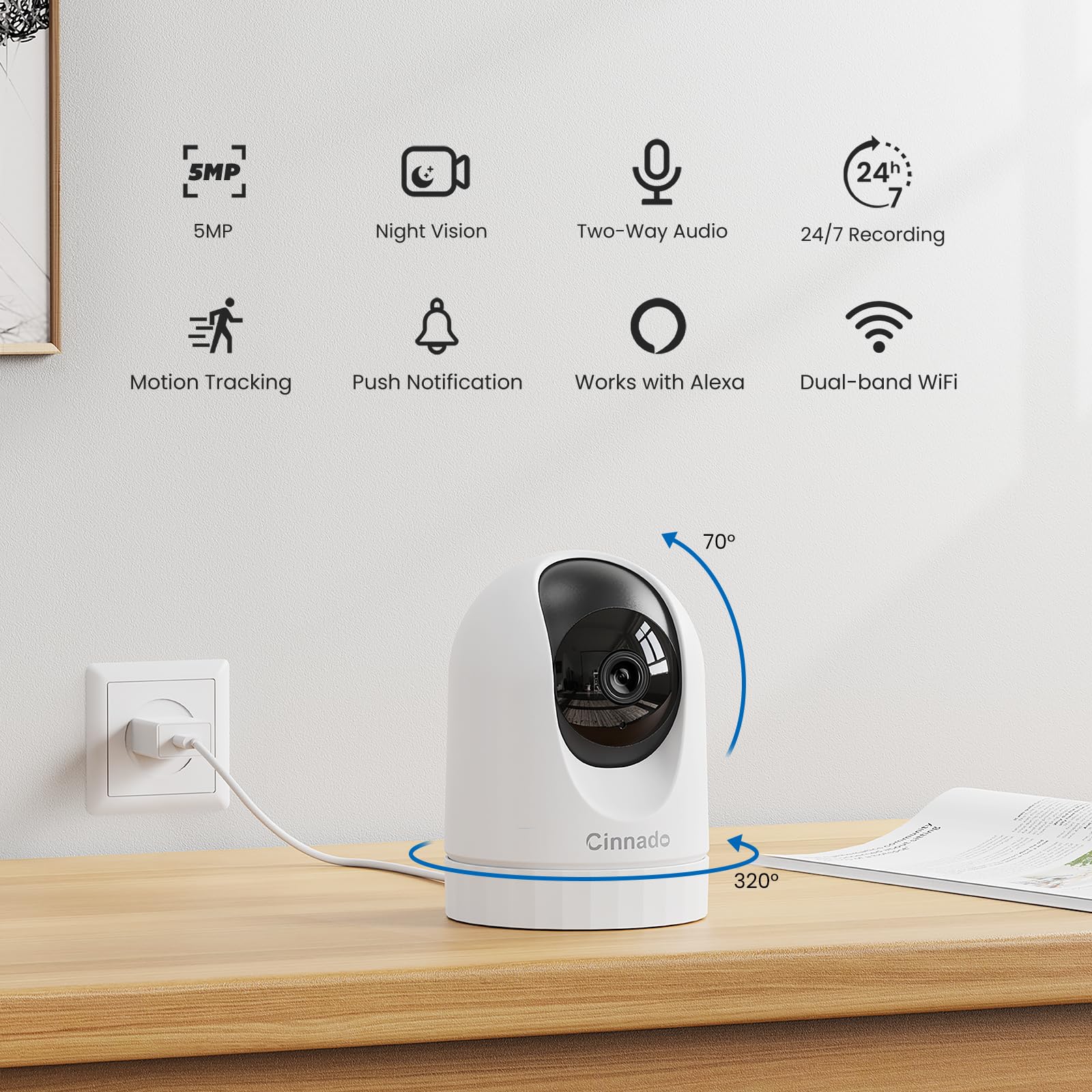 Cinnado 5MP Baby Monitor with Camera - 5G/2.4GHz WiFi Indoor Security Camera, 360° Pet Camera with Motion Tracking & Night Vision, Alexa Compatible for Nursery, Kids Room & Home Security