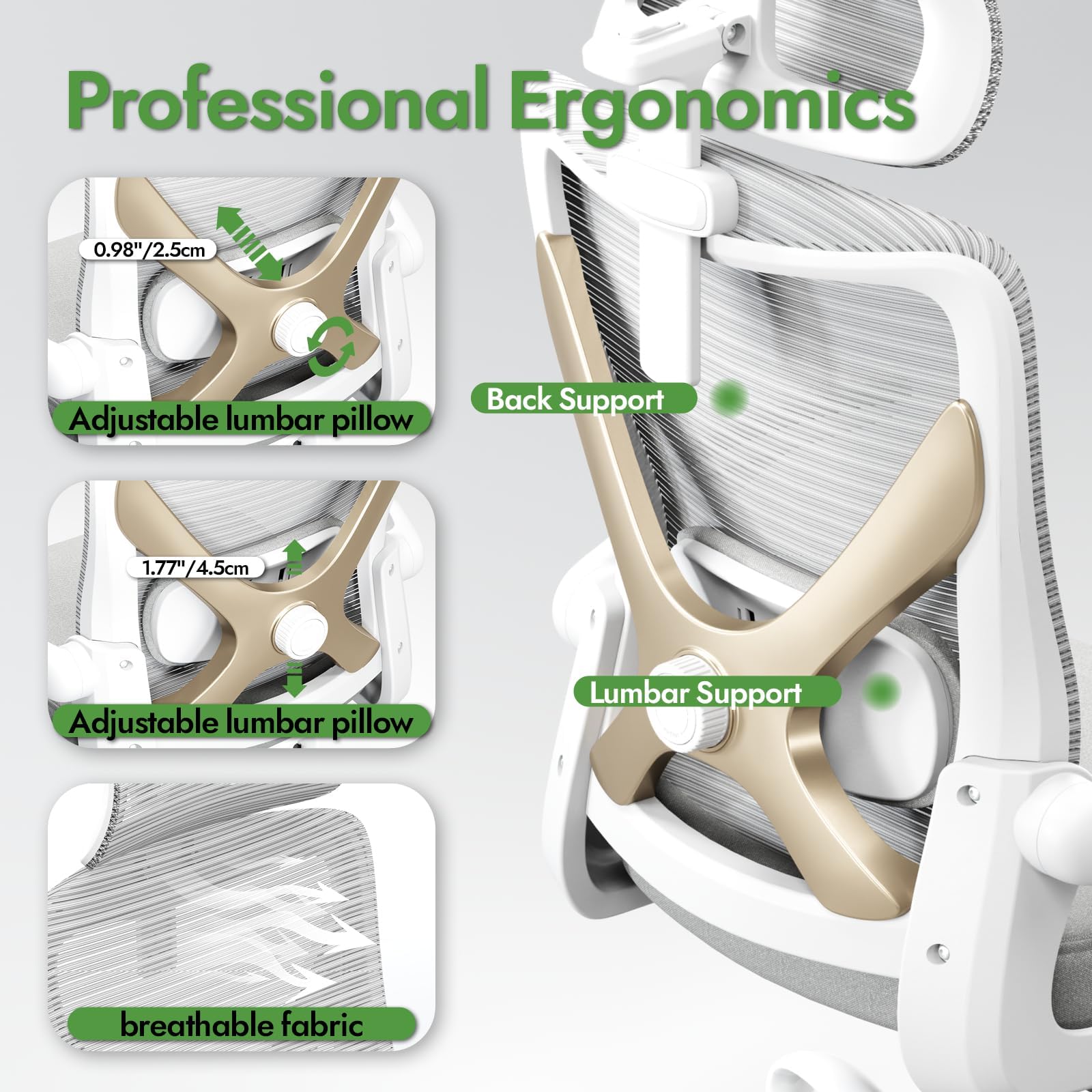 Ergonomic Office Chair with Lumbar Support & Headrest - Adjustable X-Shaped Computer Desk Chair for Home Office, Gaming, and Long Work Hours - Breathable Mesh Back, Comfortable Seat Cushion (Grey Gold) - Perfect for Remote Work, Online Classes, and Extended Computer Use