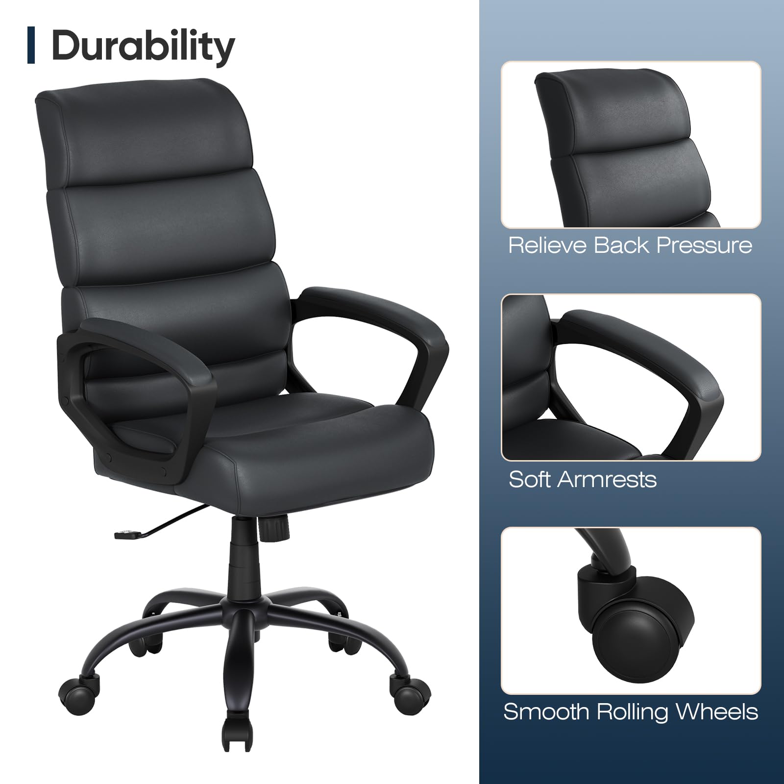 Ergonomic Office Chair - High Back Leather Computer Desk Chair with Adjustable Height & Swivel Wheels | Comfortable Home & Workspace Seating for Long Hours | Black