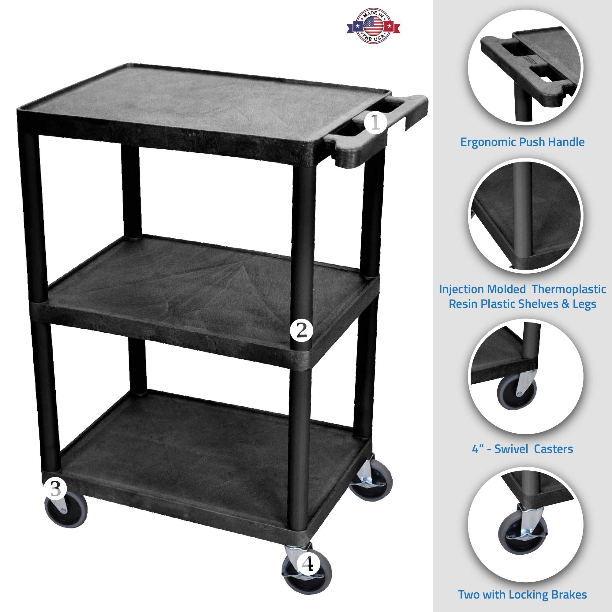 Luxor 3-Tier Utility Cart with Structural Foam Plastic Shelves - Multipurpose Storage Organizer for Kitchen, Bathroom, Office & Home Organization - Black