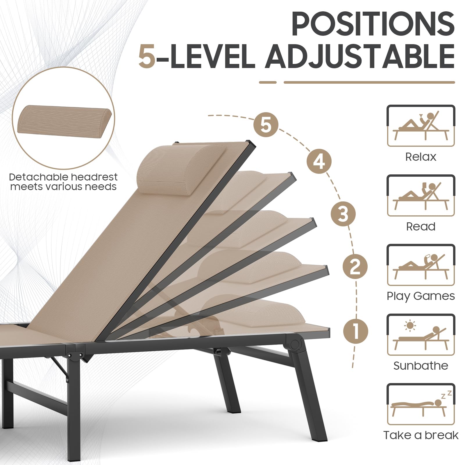 5-Position Adjustable Aluminum Folding Chaise Lounge Chair for Outdoor, Patio, Pool & Beach - Lightweight & Durable Tanning Recliner - Perfect for Sunbathing, Relaxing by the Poolside or Backyard Lounging (Khaki)