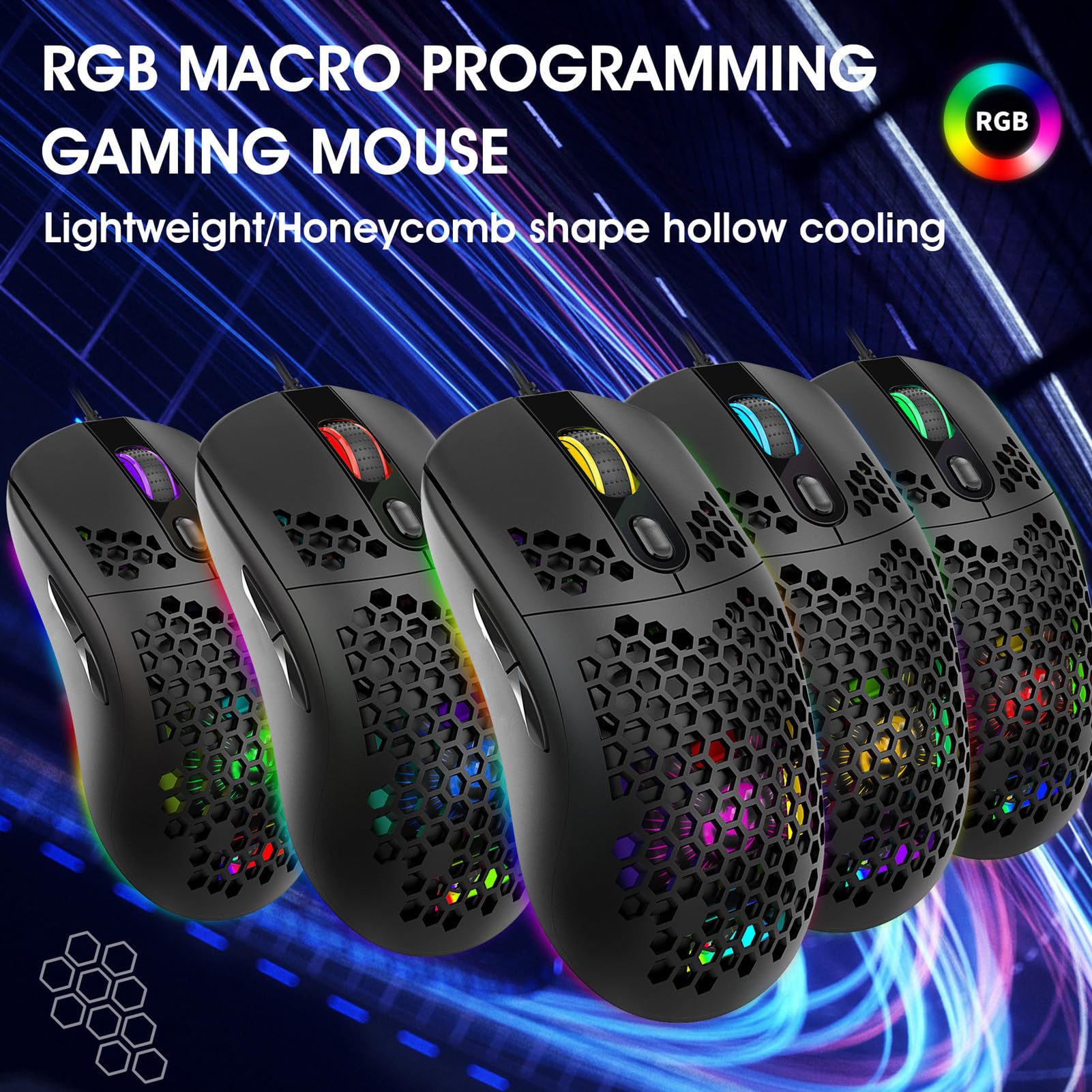 Wired Gaming Mouse with RGB Backlit, 8000DPI Adjustable Optical USB Mouse, 6 Programmable Buttons, Ergonomic Design for Windows/PC/Laptop Gamers - Perfect for FPS, MOBA, and Office Use (Black)