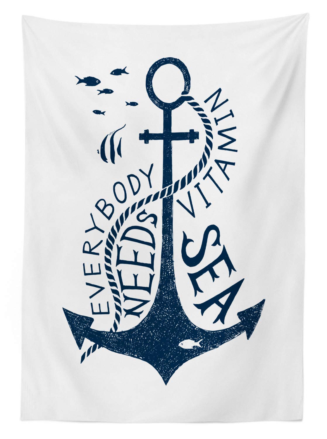 Ambesonne Anchor Outdoor Tablecloth - Hand Drawn Vitamin Sea Design with Monochrome Fish Silhouette, Washable Picnic Table Cover 58x104 Inches, Dark Blue & White - Perfect for Beach Parties, Backyard BBQs and Outdoor Dining