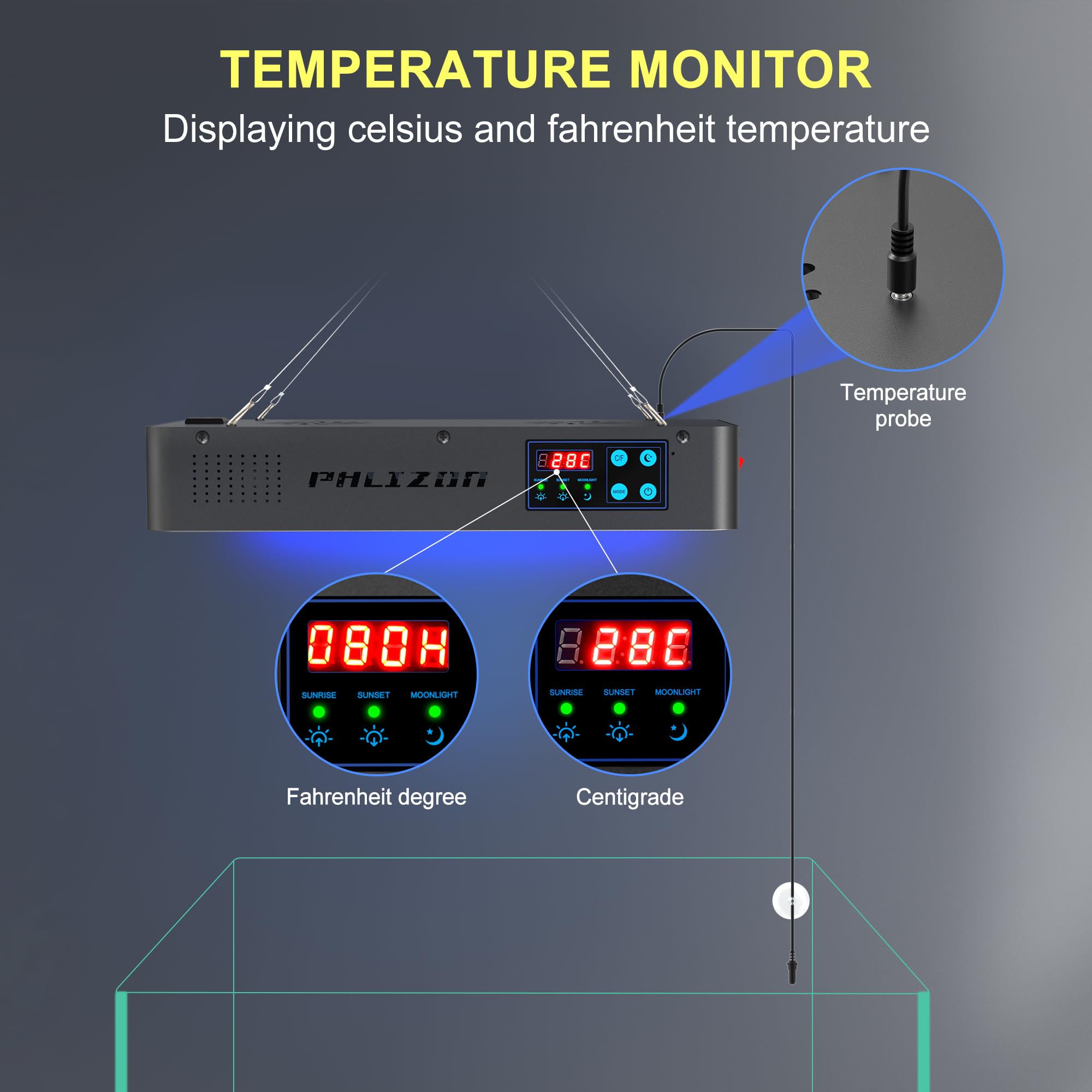 Phlizon 165W Dimmable LED Aquarium Light with Timer & Temperature Monitor - Full Spectrum Fish Tank Light for Coral Reef, Marine Fish, LPS/SPS - Perfect for Saltwater Tanks, Aquatic Plant Growth & Home Aquascaping
