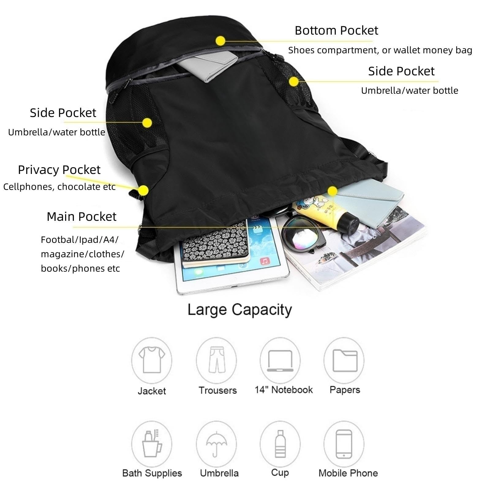 Best Soccer Backpack for Men & Women - Durable Gym, Basketball, Volleyball & Football Drawstring Bag with Ball Compartment (Black) - Perfect for Sports Practice, Travel & School