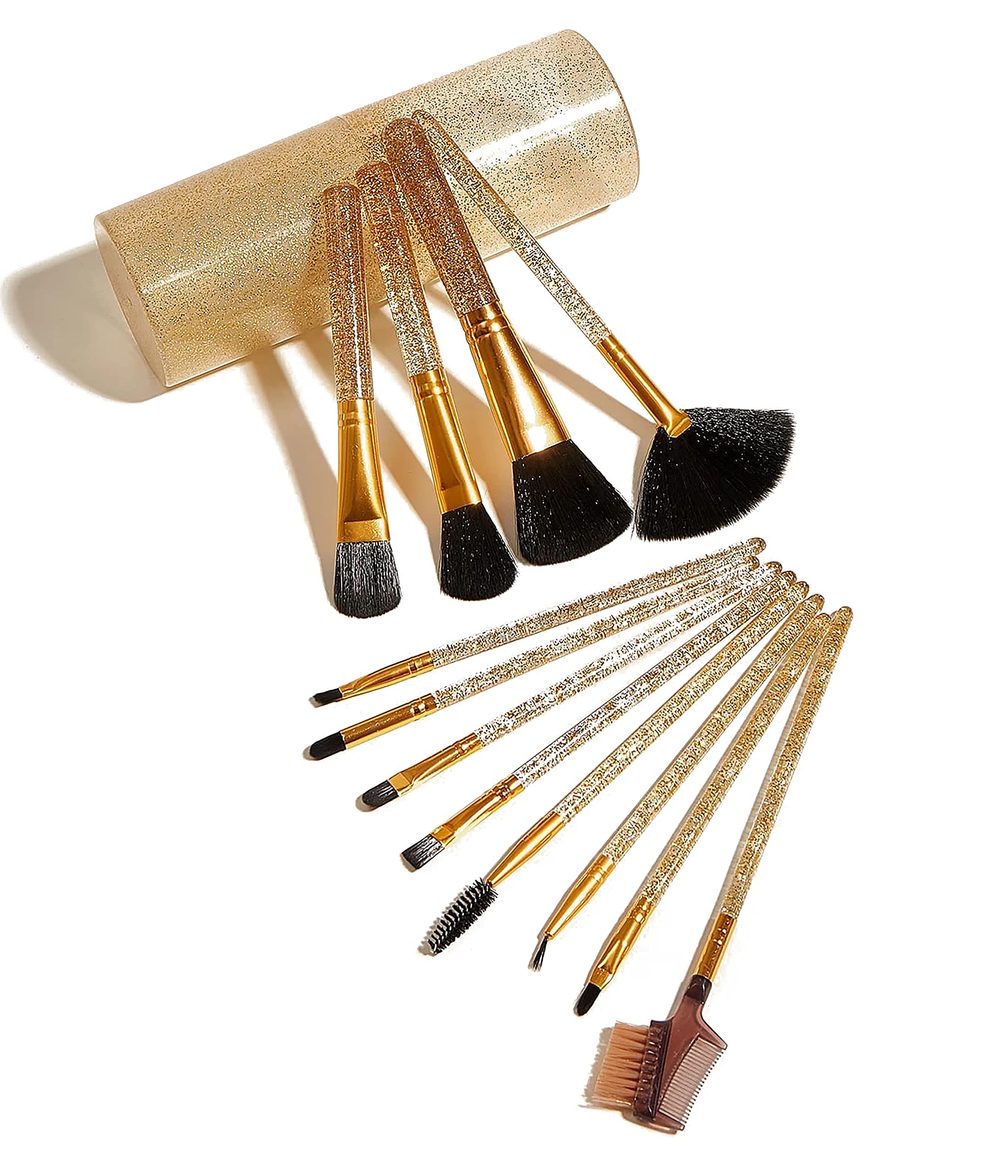 Professional 12-Piece Makeup Brush Set with Storage Barrel - Shiny Gold | Perfect for Travel, Home & Salon Use | High-Quality Cosmetic Brushes for Foundation, Blush & Eyeshadow
