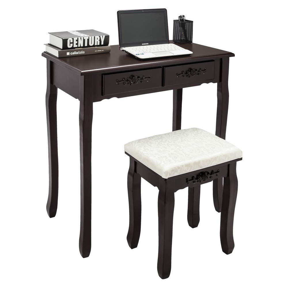 Brown Makeup Vanity Table with Stool & Removable Mirror - 4-Drawer Dressing Table with Cushioned Seat & Organizer - Perfect for Bedroom, Salon, and Bridal Makeup Setup
