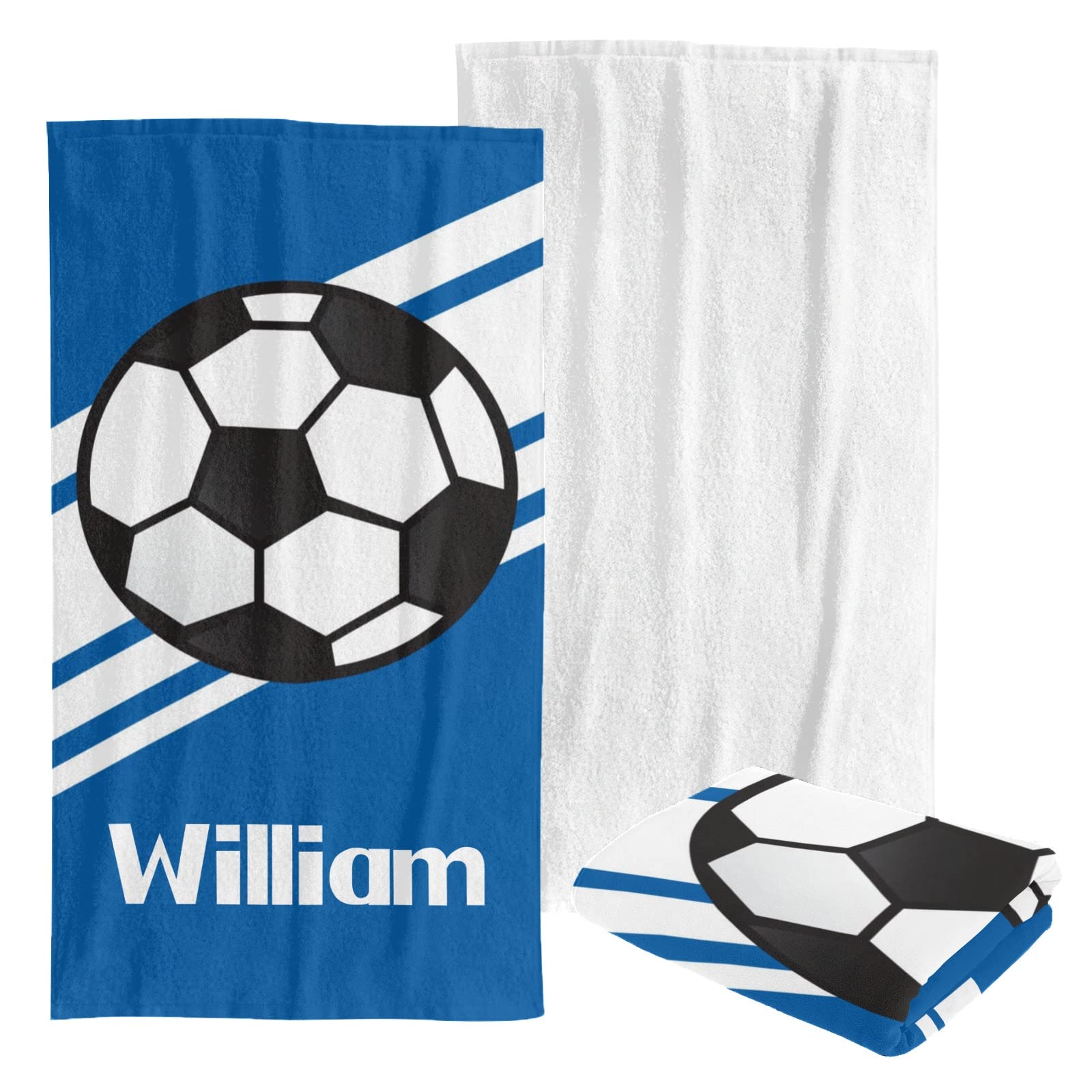 Custom Personalized Beach Towel - Quick Dry, Large Size for Swimming, Sunbathing & Sports - Soccer Ball Design in Blue for Kids, Men, Women - Perfect for Pool, Beach Vacations & Outdoor Activities