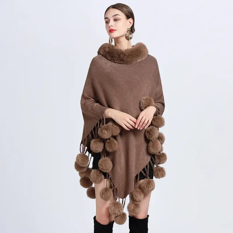 Women's Fashion Asymmetric Poncho Scarf with Soft Fur Ball Trim - Cozy Winter Wrap for Outdoors, Travel & Casual Wear