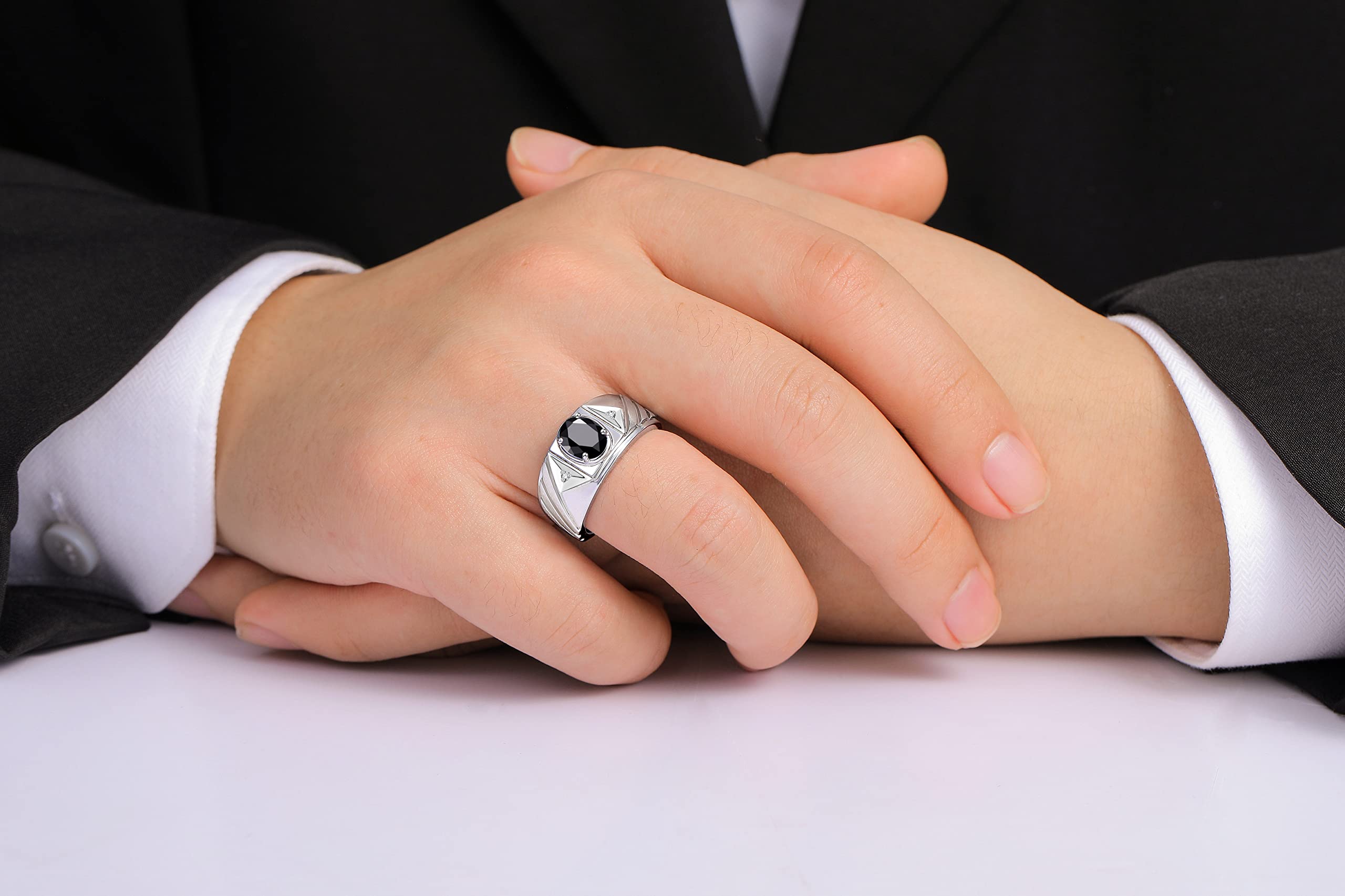 Rylos Men's Sterling Silver Designer Rings - Classic Style 8x6MM Oval Gemstone & Diamond Accents - Birthstone Rings Size 8-13 - Perfect for Weddings, Anniversaries & Gifts