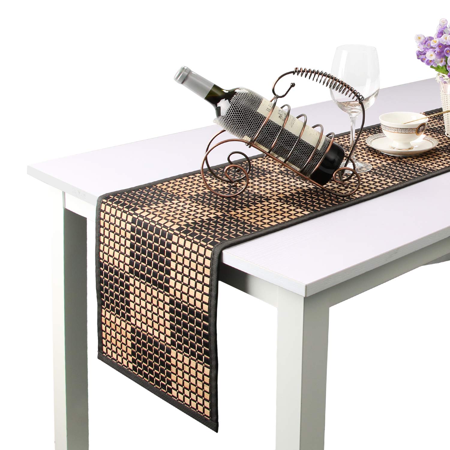Eco-Friendly Bamboo Placemats & 108-Inch Farmhouse Table Runner Set - Black Kitchen Dining Table Decor for Rustic & Modern Home Entertaining